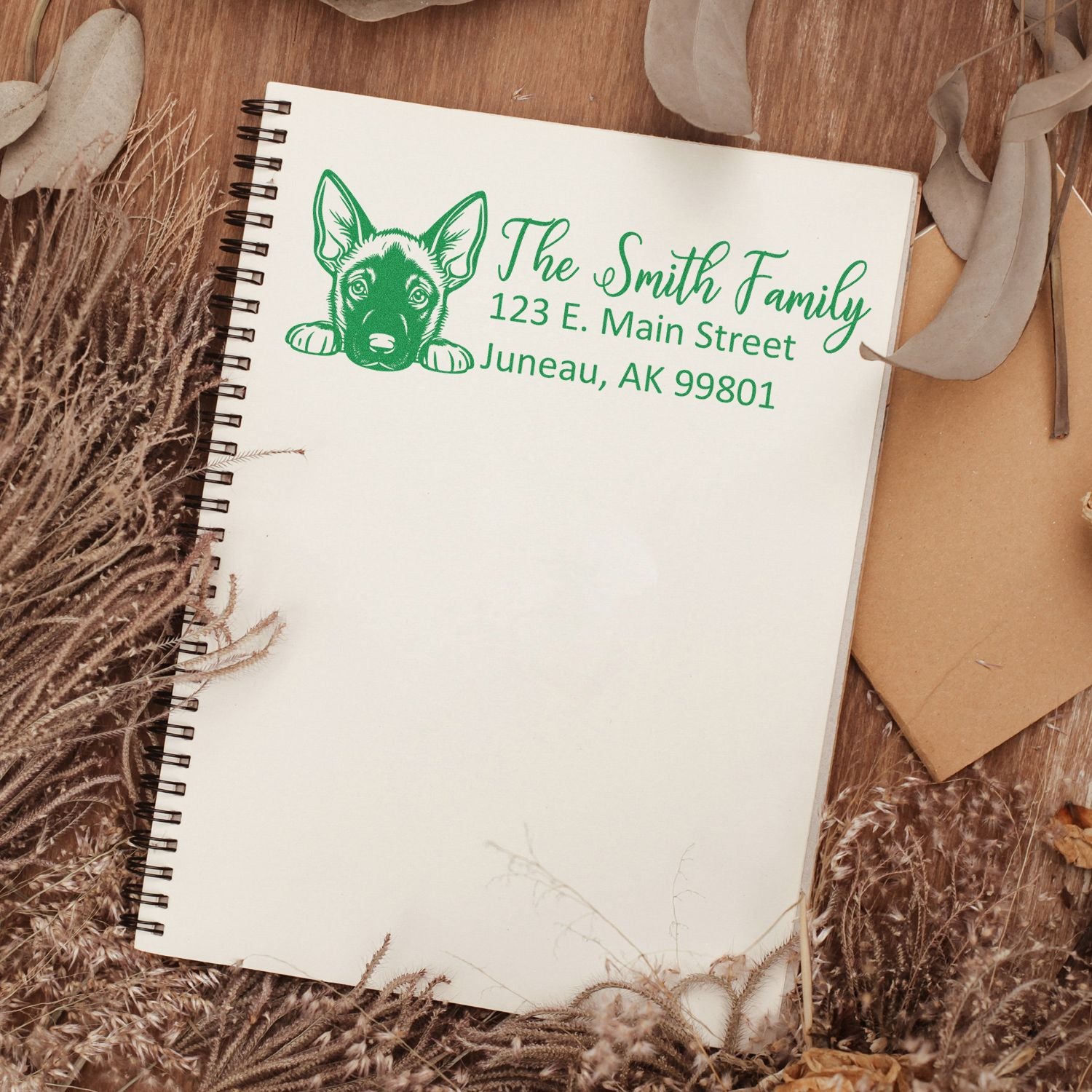 Custom return address rubber stamp with dog illustration for The Smith Family on a notebook page.