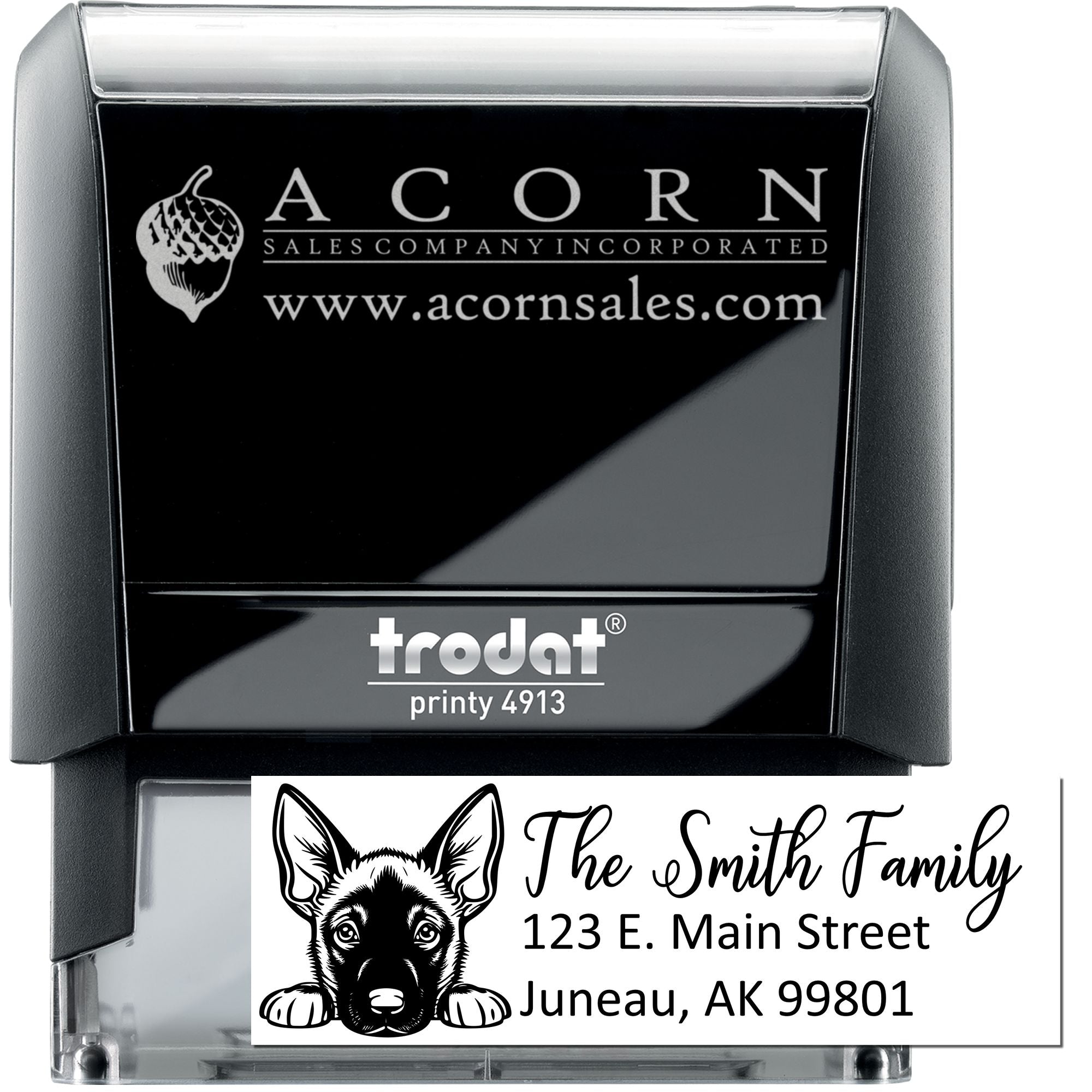 Custom self-inking rubber stamp with logo and return address design for business mailing and personalized correspondence.