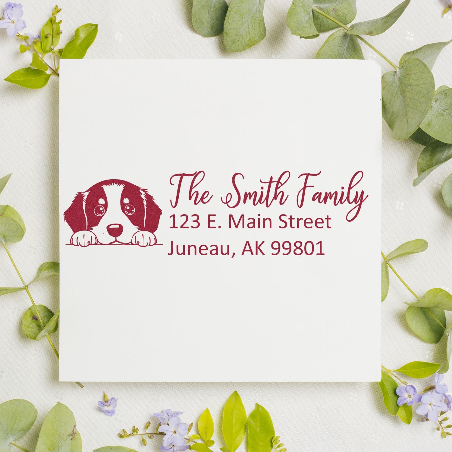 Custom dog address rubber stamp for The Smith Family return address, Juneau AK, with pet portrait design