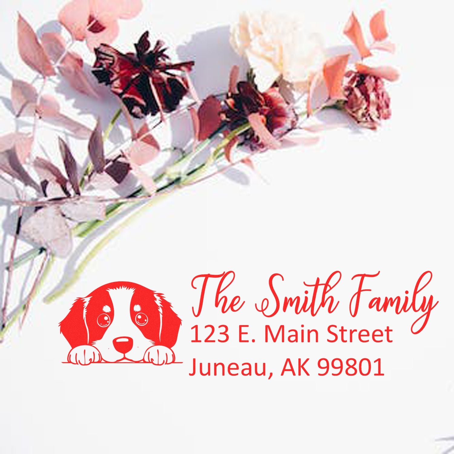 Personalized dog return address rubber stamp for The Smith Family, 123 E. Main Street, Juneau, AK 99801