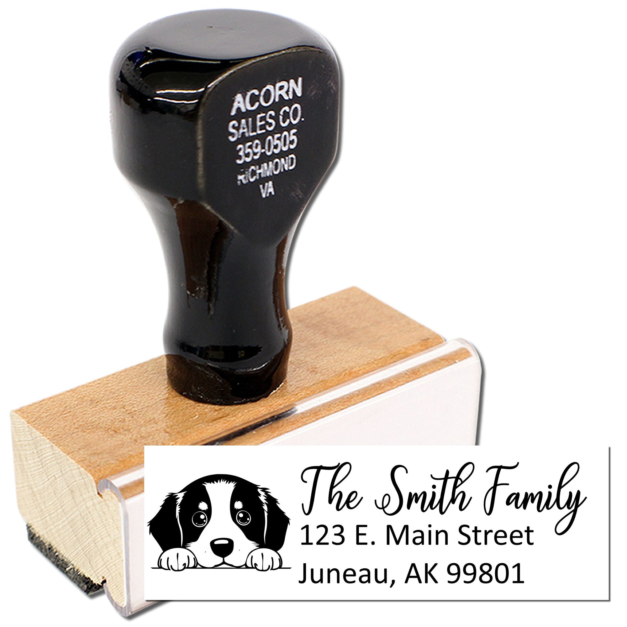 Custom address rubber stamp with dog paw design for The Smith Family, 123 E. Main Street, Juneau, AK 99801