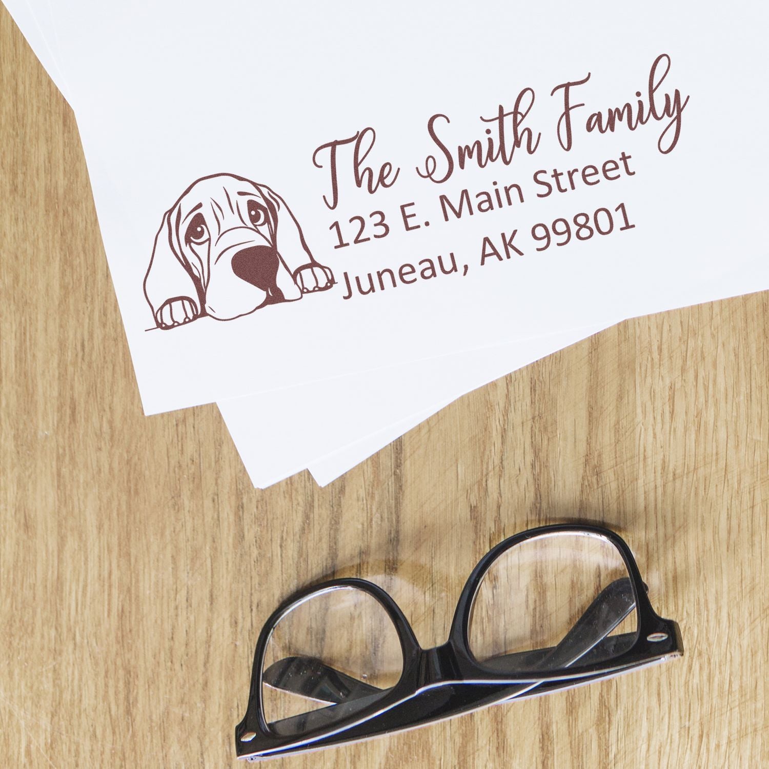 Custom dog return address rubber stamp with family name and mailing address for personalized envelopes.