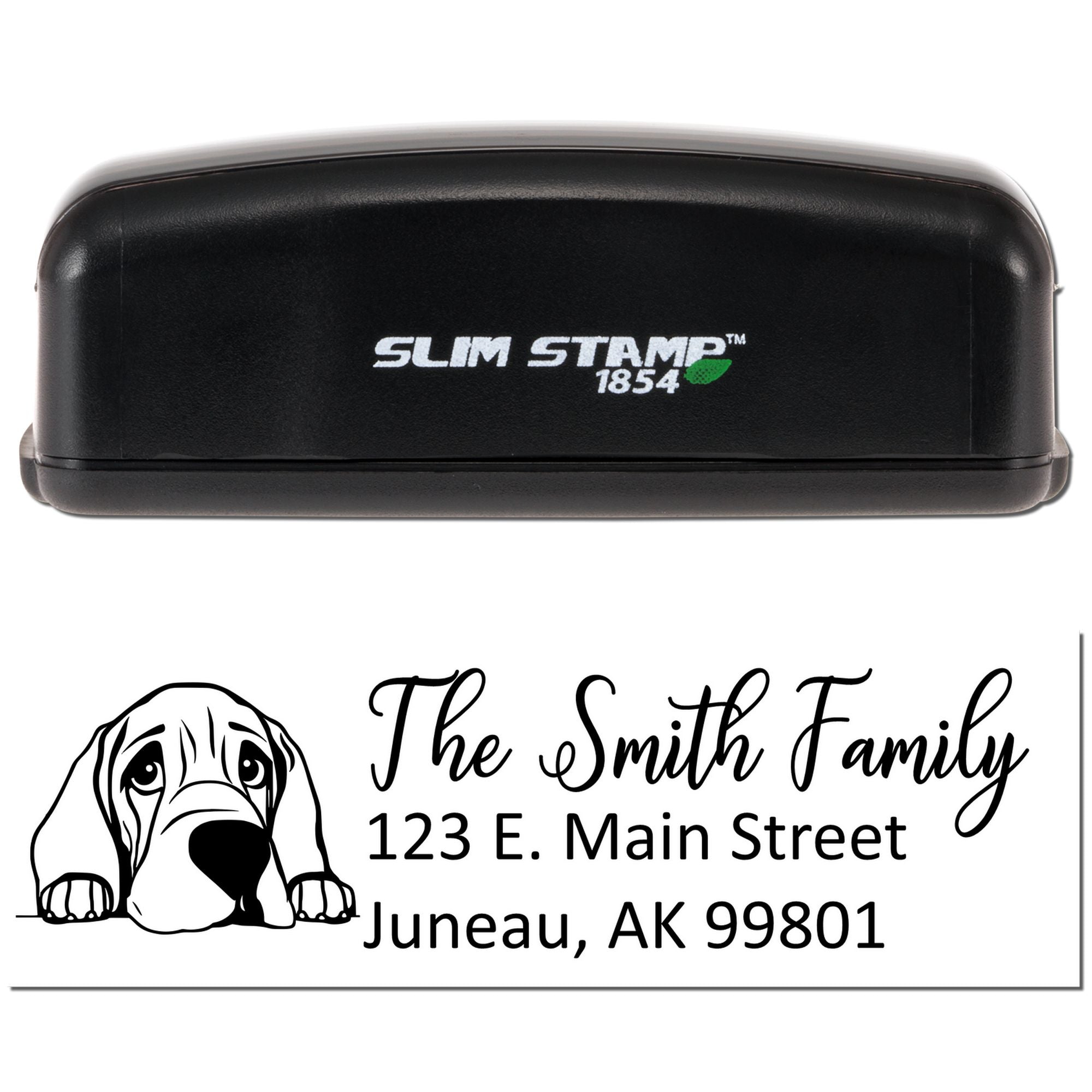 Slim Stamp 1854 custom self-inking address stamp with dog design, family name, and return address.
