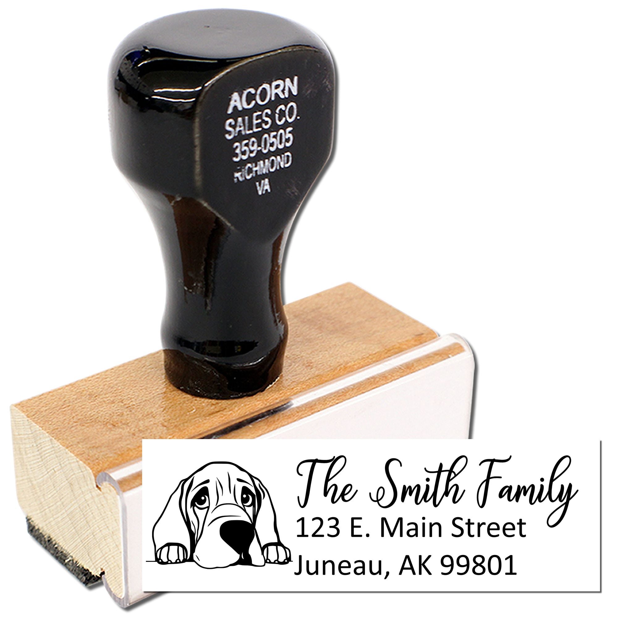 Custom self-inking return address rubber stamp with dog design for family mailing labels and personalized envelopes.