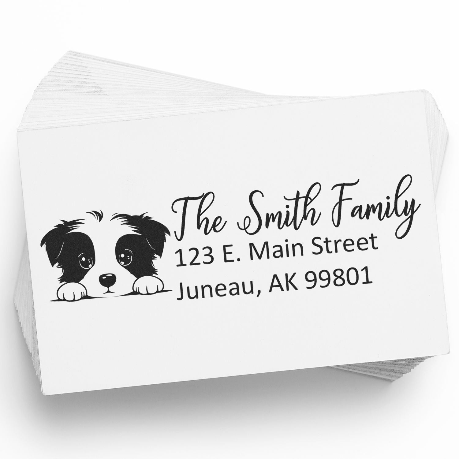 Custom dog return address rubber stamp for The Smith Family, featuring a puppy graphic and Juneau, AK address.