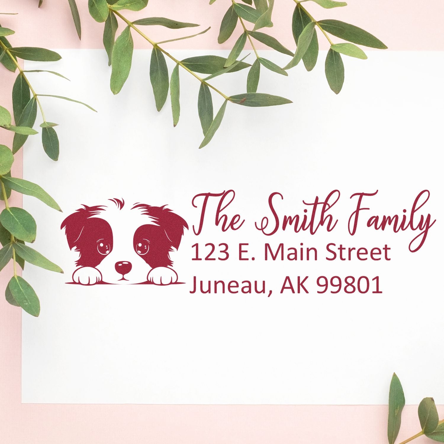 Personalized dog lover return address rubber stamp with The Smith Family name and Juneau, AK address.