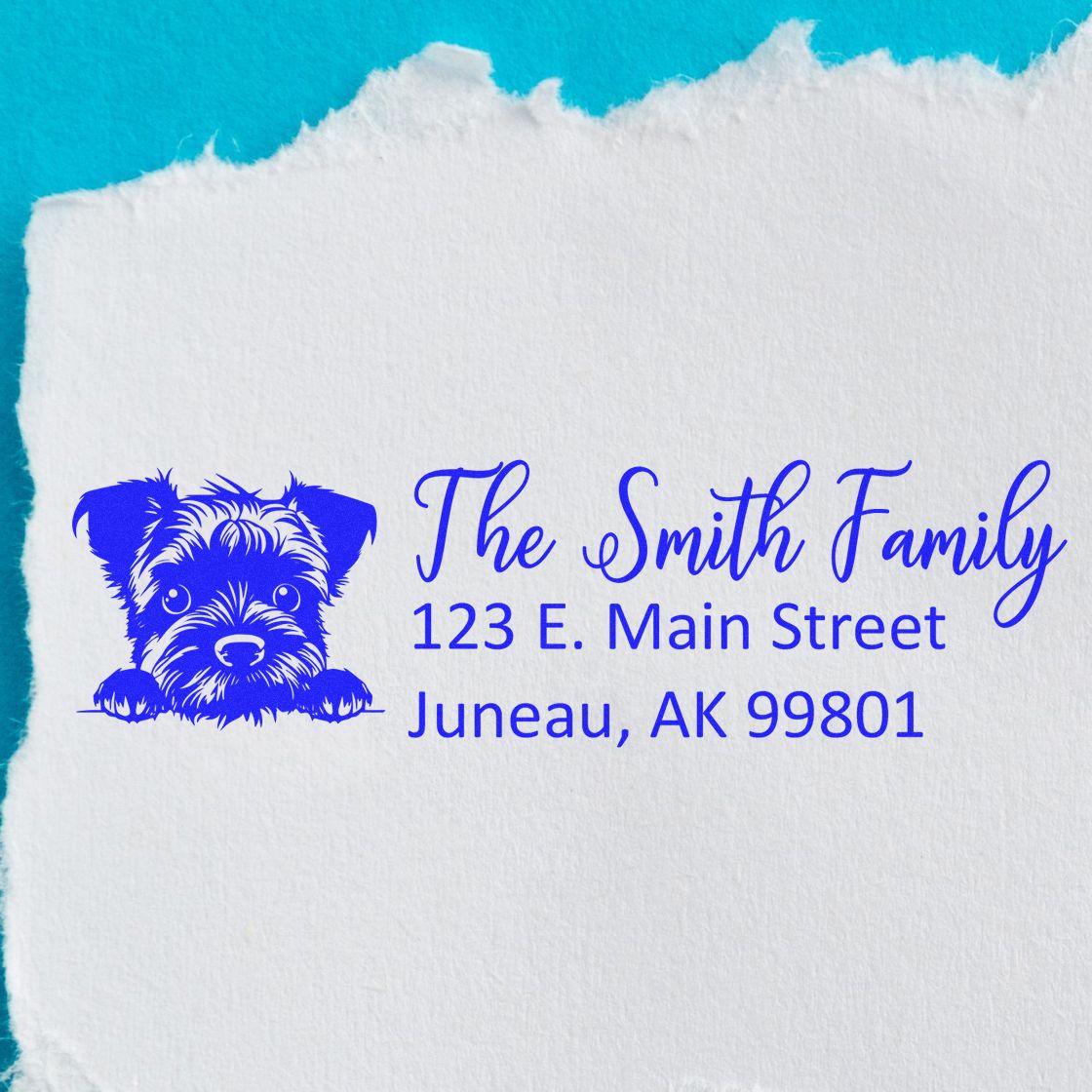 Personalized return address rubber stamp for The Smith Family with dog icon and Juneau, AK 99801 address