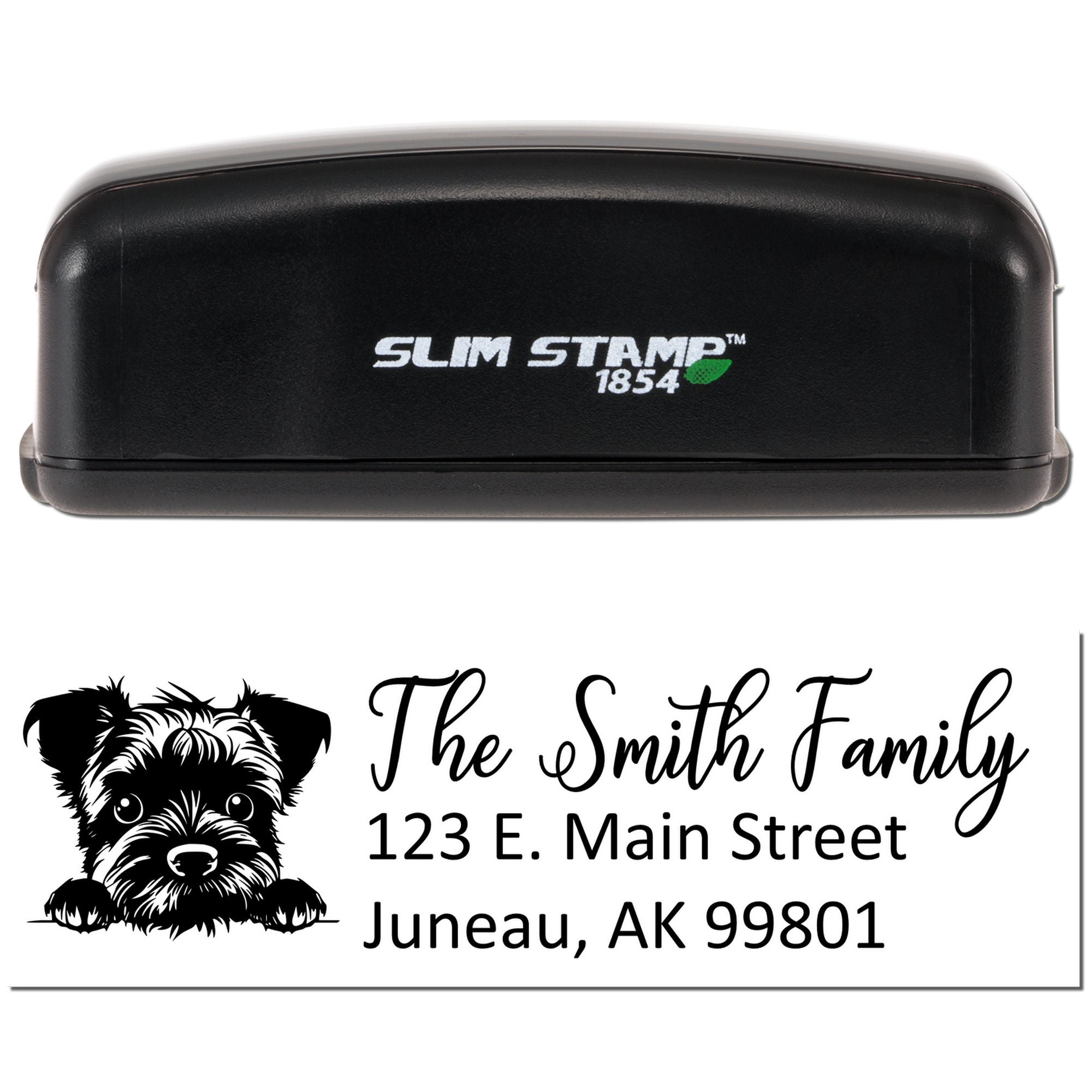 Custom self-inking rubber stamp with dog design and return address for The Smith Family, Juneau, AK 99801