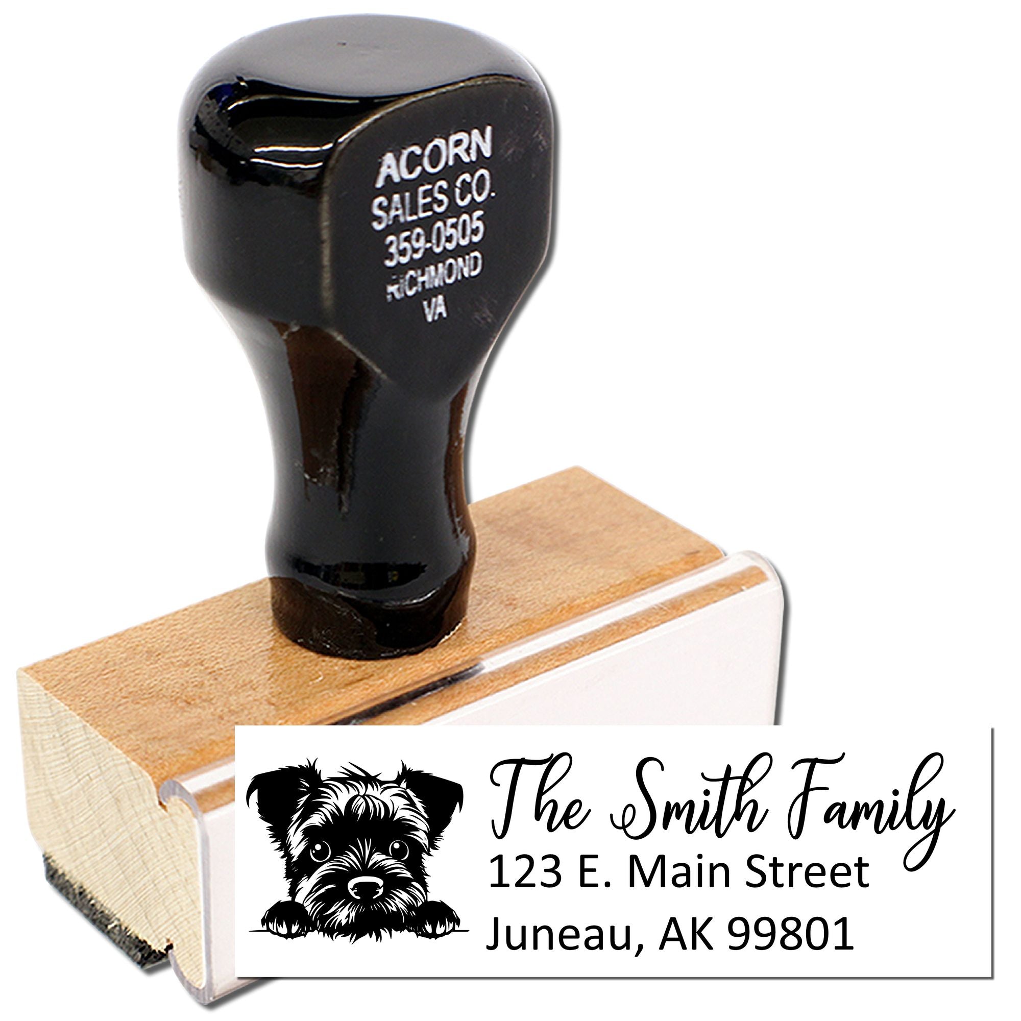 Custom rubber address stamp with dog graphic for The Smith Family, featuring Juneau, AK mailing address.