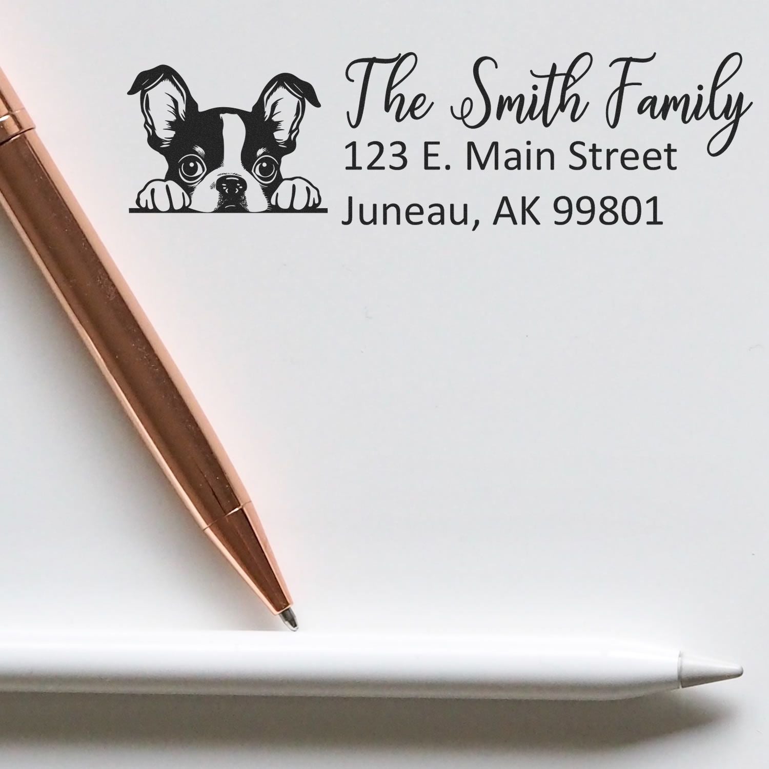 Custom personalized dog return address rubber stamp for The Smith Family, Juneau AK 99801, envelopes and stationery.