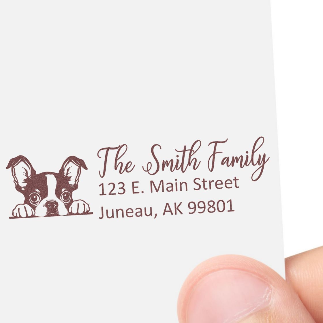 Personalized return address rubber stamp with Boston terrier design for The Smith Family, 123 E. Main Street, Juneau, AK.