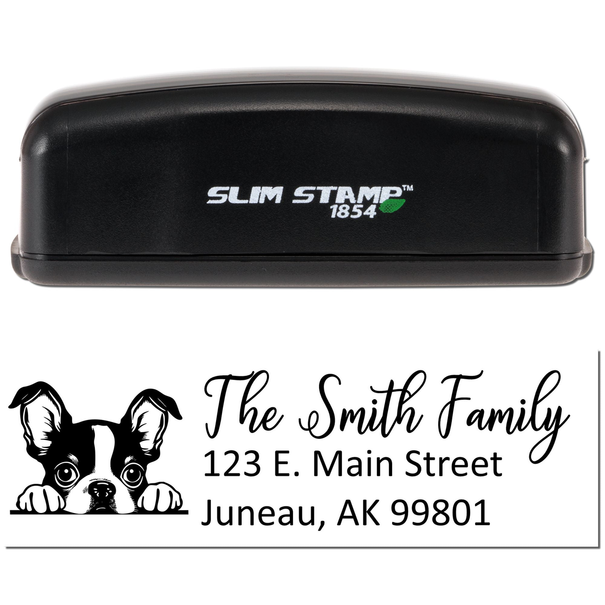 Custom dog return address rubber stamp with The Smith Family name, address, and pet graphic using Slim Stamp 1854.