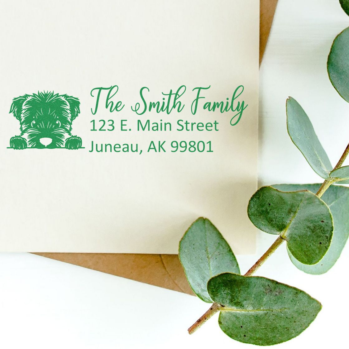 Personalized return address rubber stamp with dog design, The Smith Family, 123 E. Main Street, Juneau, AK.