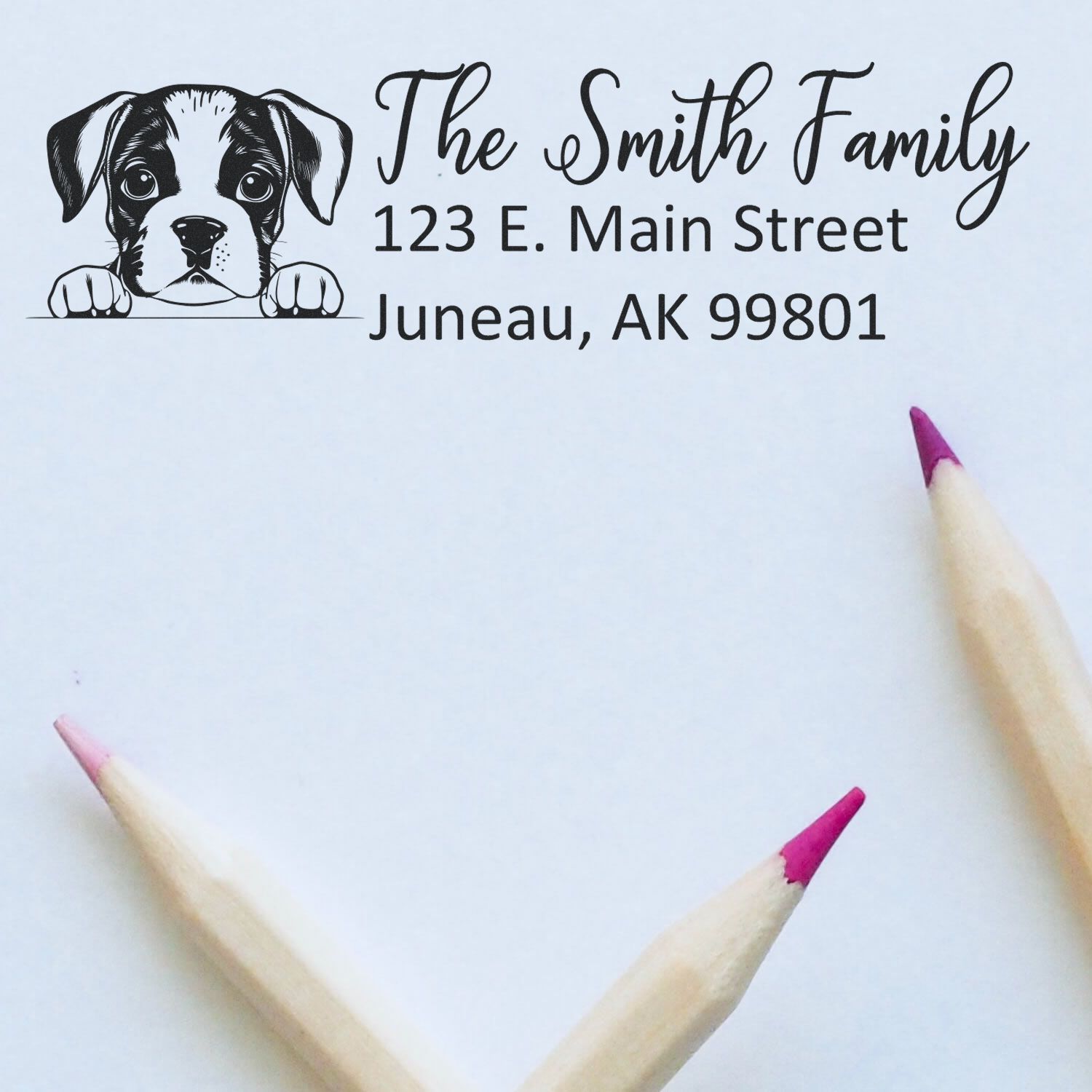 Custom dog family return address rubber stamp with puppy illustration, name, street address, and city for mailing.