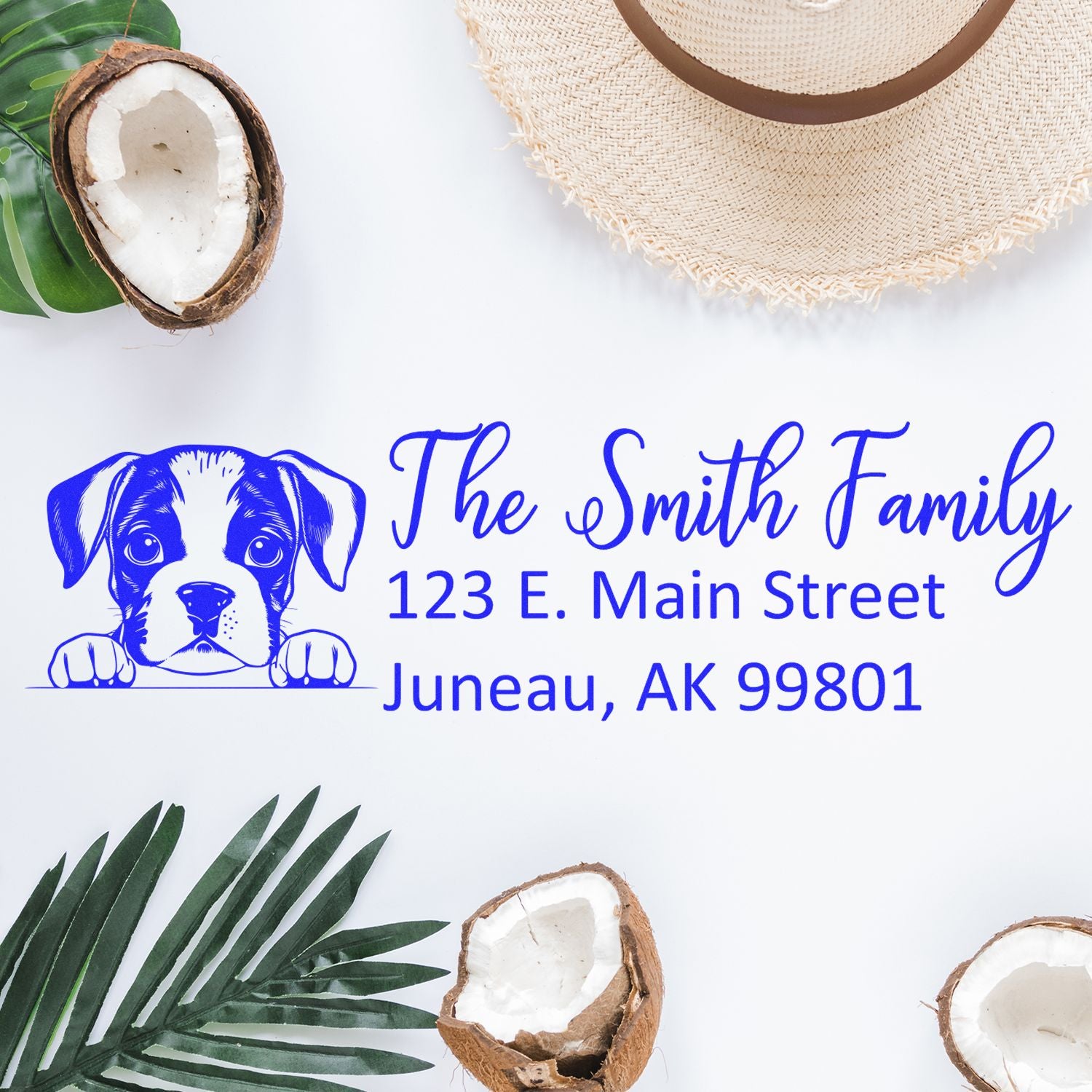 Custom dog family address rubber stamp with puppy icon, The Smith Family, 123 E. Main Street, Juneau, AK 99801