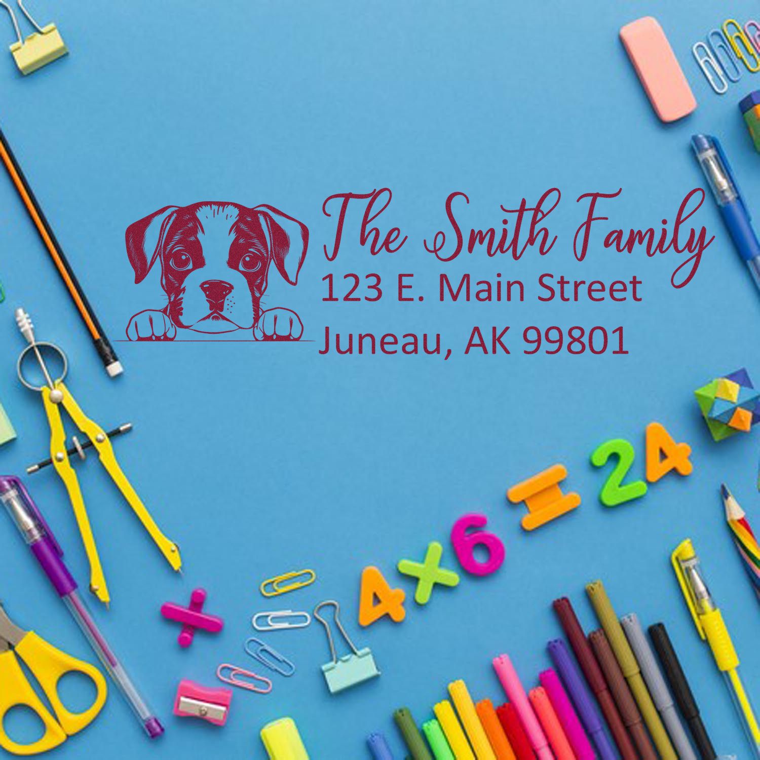 Custom dog address rubber stamp with family name and return address for mailing envelopes.