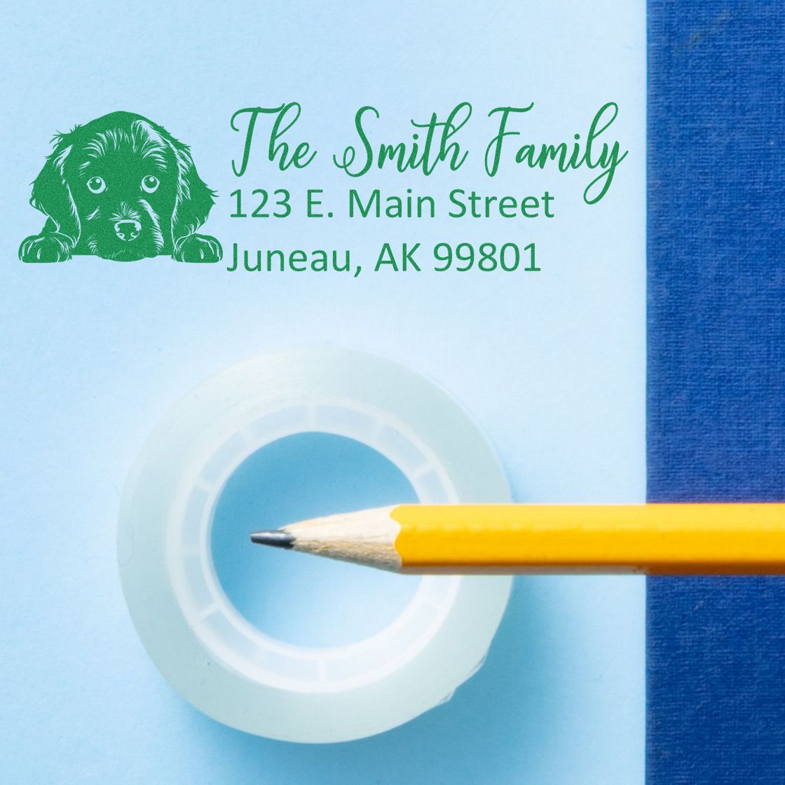 Custom dog return address rubber stamp with The Smith Family name and Juneau, AK address.