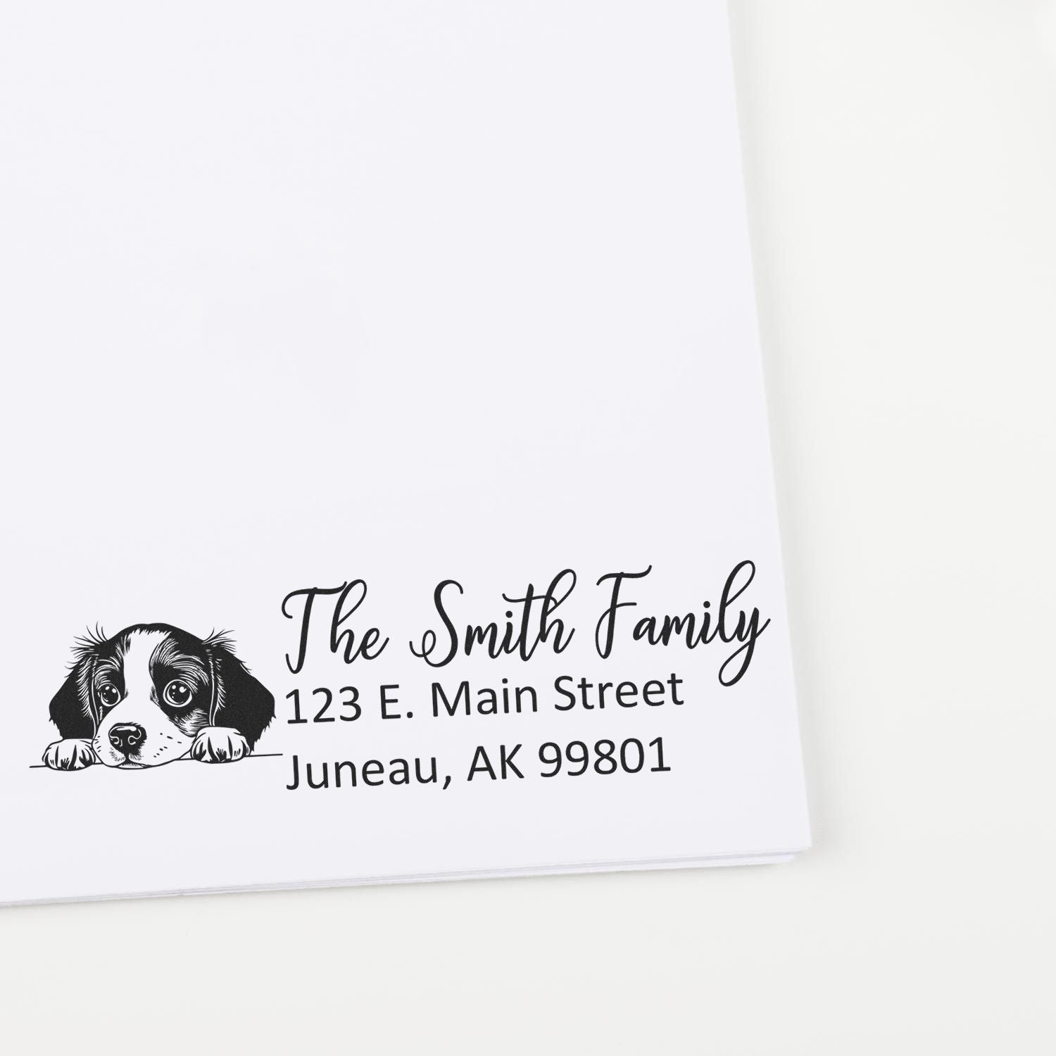Personalized dog return address rubber stamp for The Smith Family, 123 E. Main Street, Juneau, AK 99801