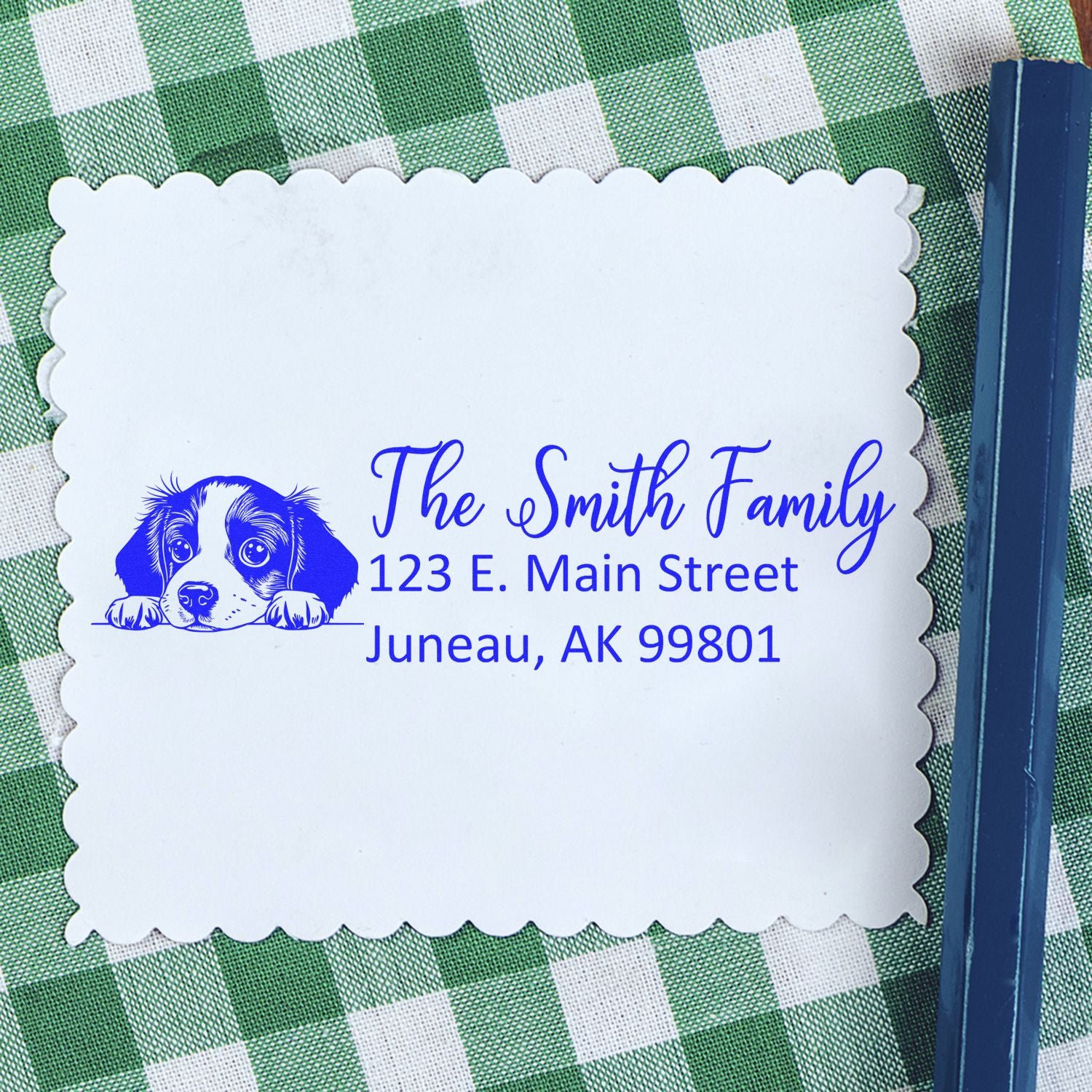 Custom return address rubber stamp with dog illustration for The Smith Family, personalized mailing labels.
