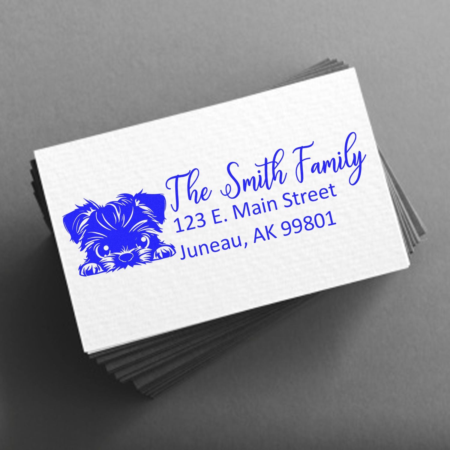 Custom return address rubber stamp with dog logo for The Smith Family, featuring personalized address for mailing cards.