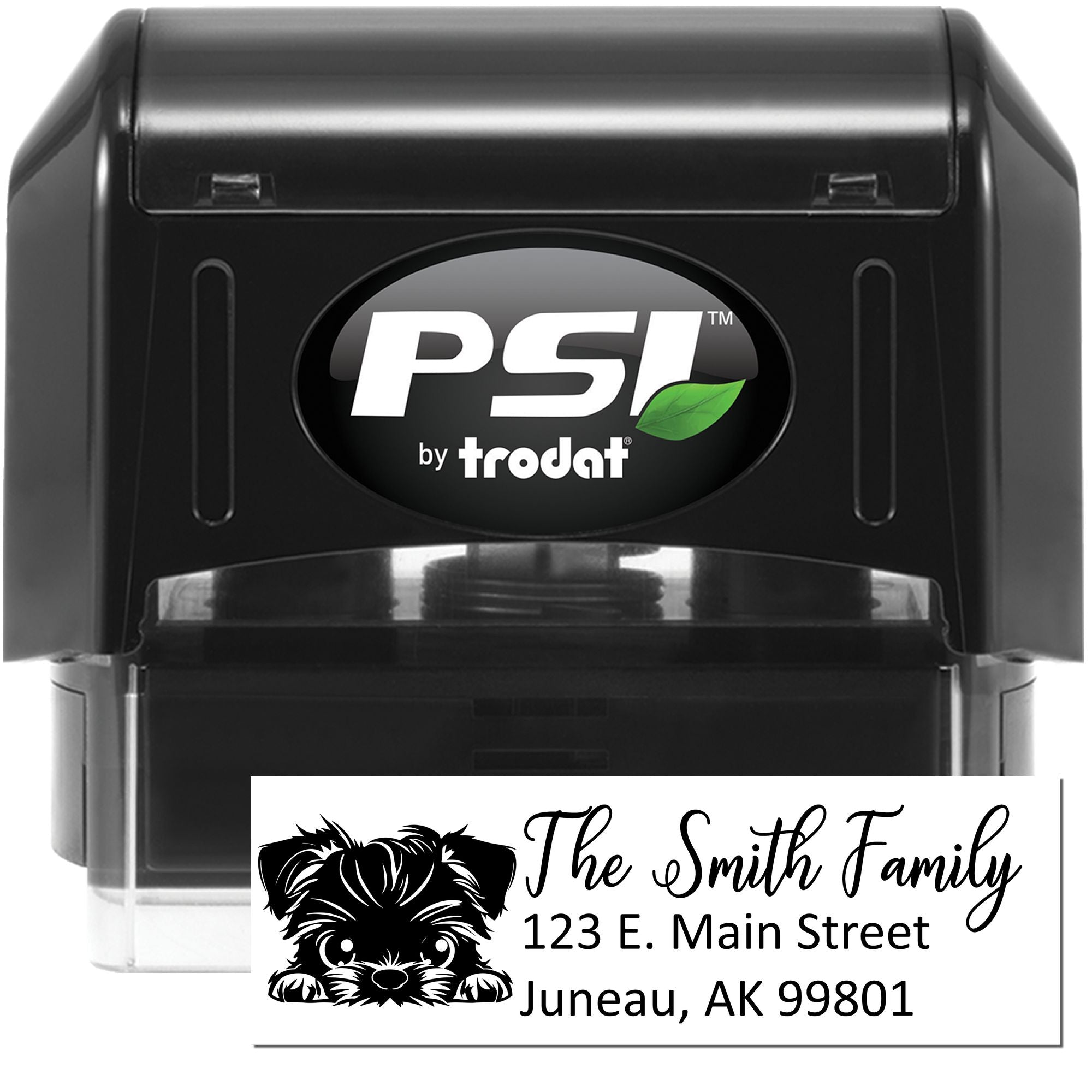 PSI by Trodat self-inking rubber stamp with custom family address and dog logo for personalized mail.