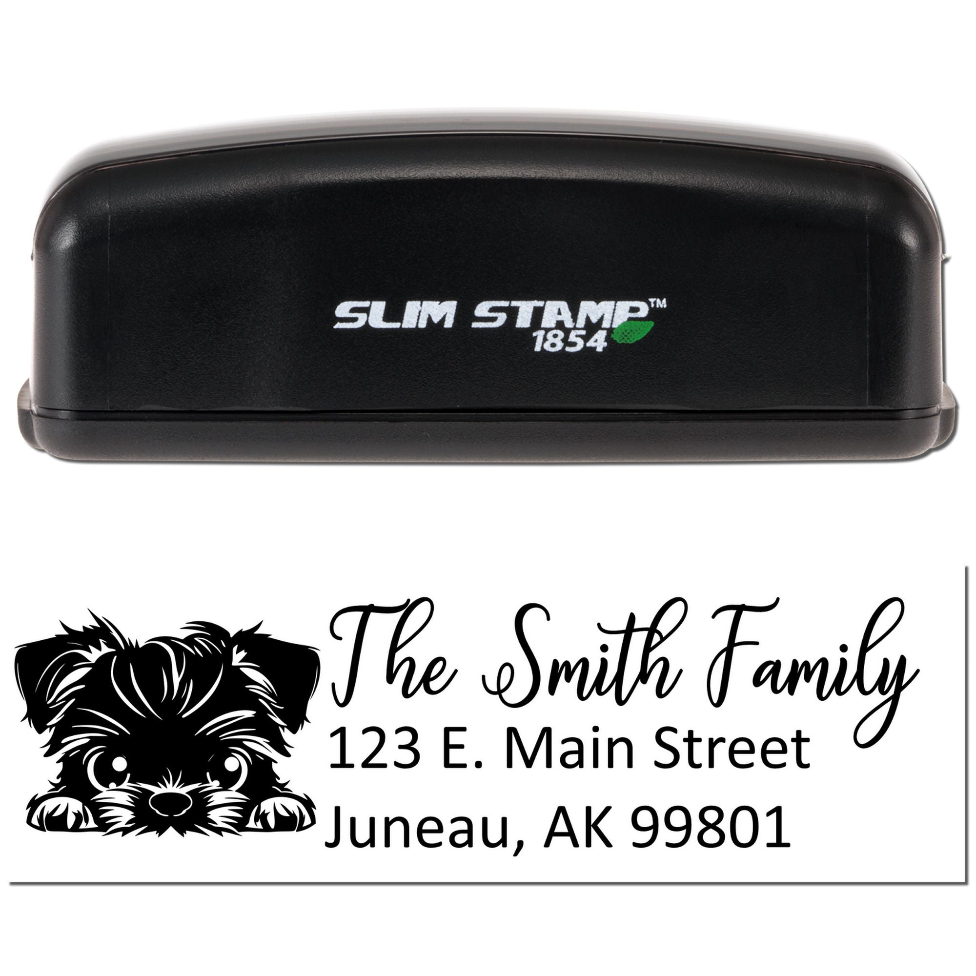 Slim Stamp 1854 custom rubber address stamp with Smith family name, dog graphic, and return address