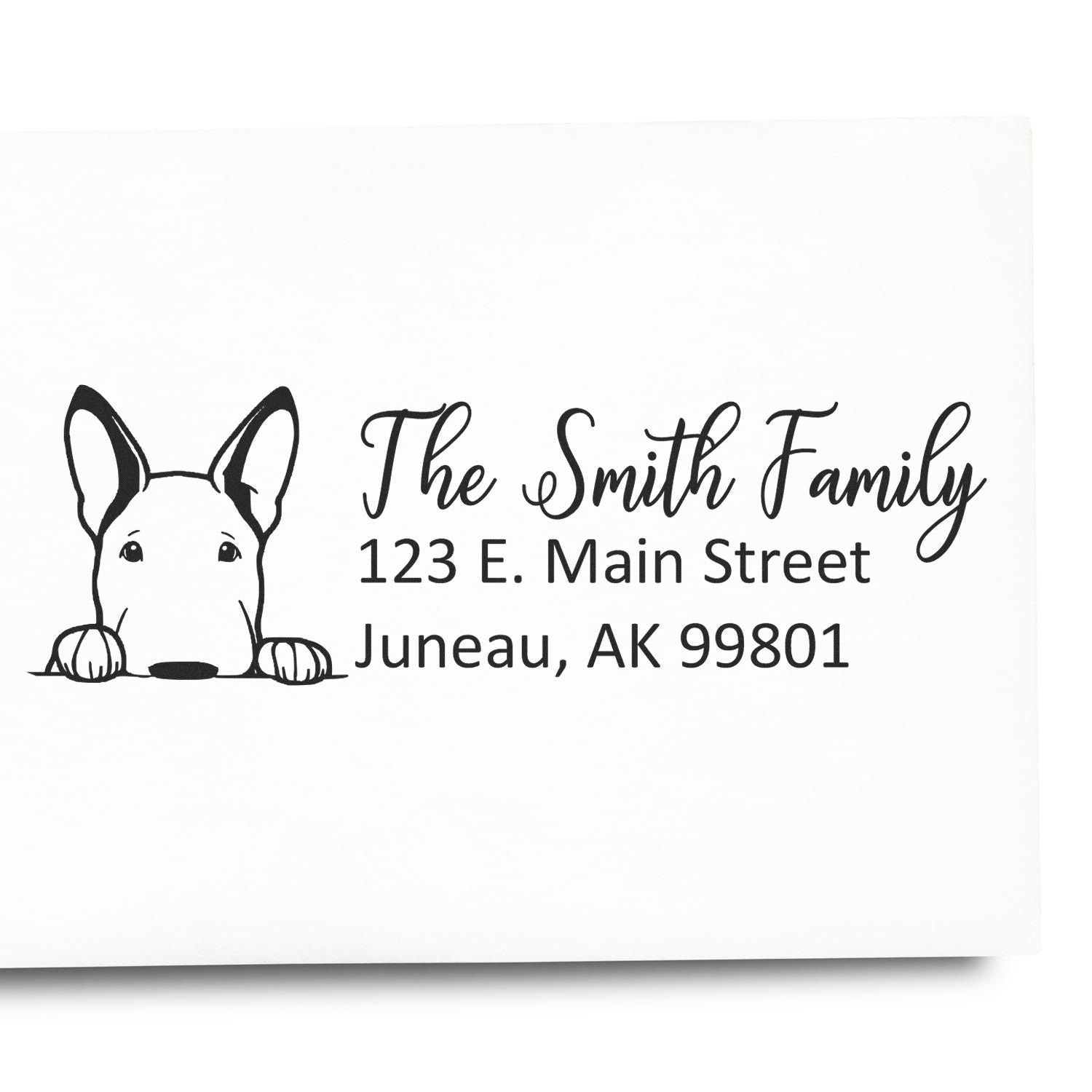 Personalized dog return address rubber stamp for The Smith Family, 123 E. Main Street, Juneau, AK 99801