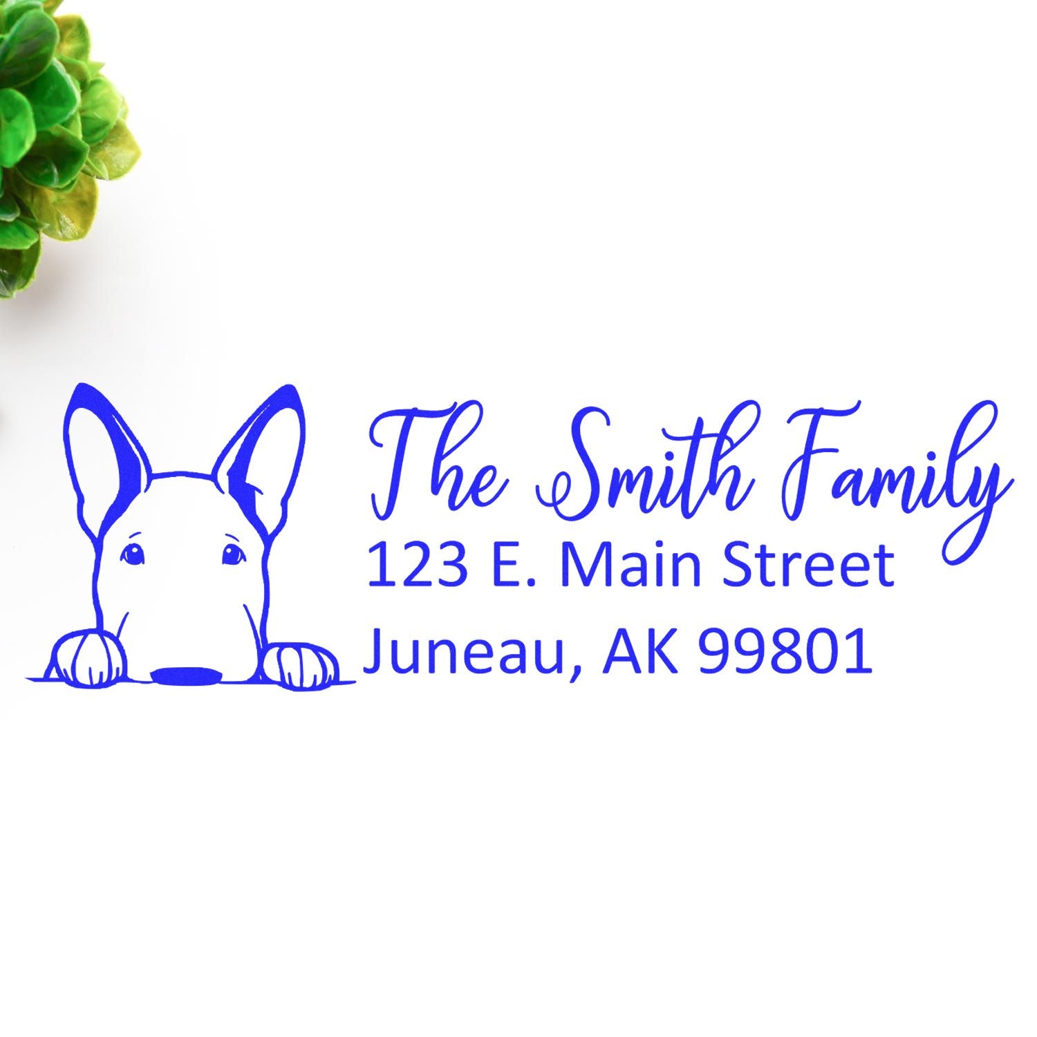 Custom bulldog address stamp for The Smith Family, 123 E. Main Street, Juneau, AK 99801