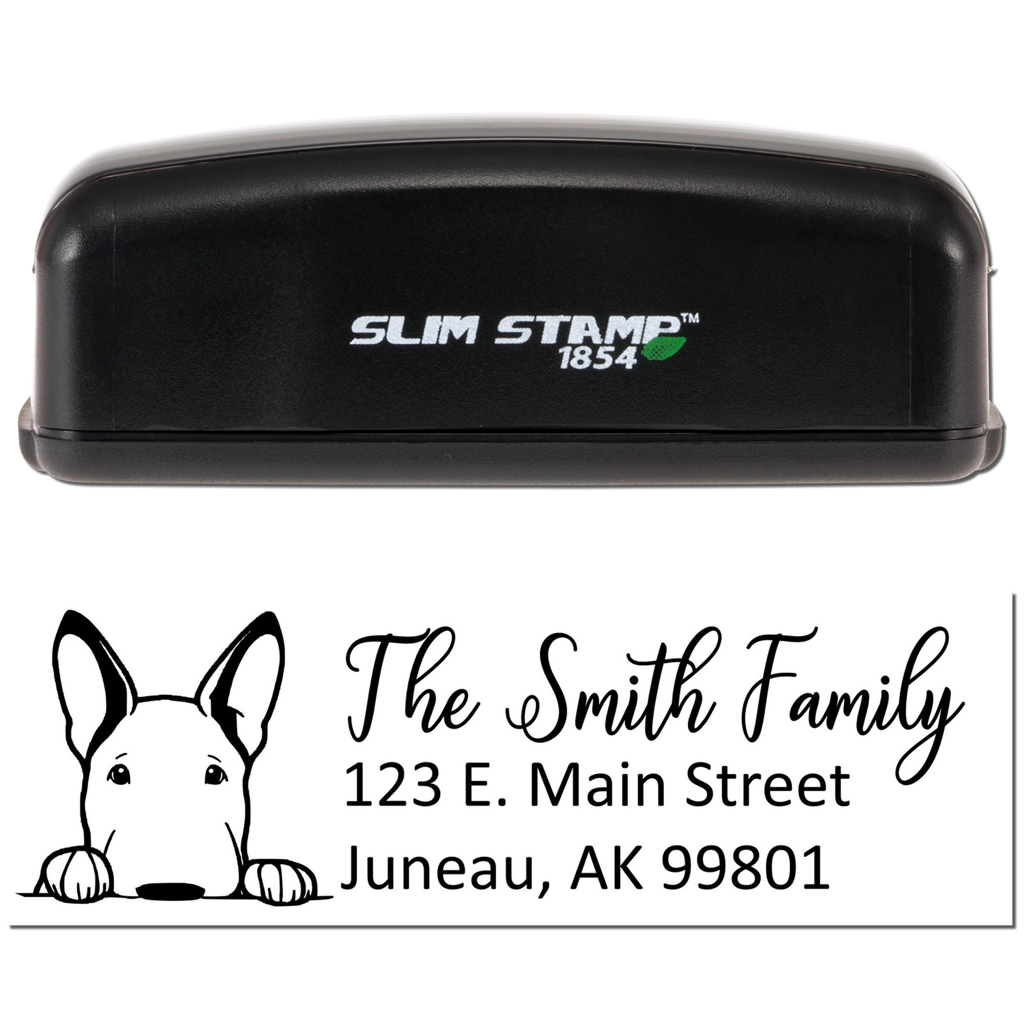 Slim Stamp 1854 custom rubber stamp with dog return address design for The Smith Family, Juneau, AK.