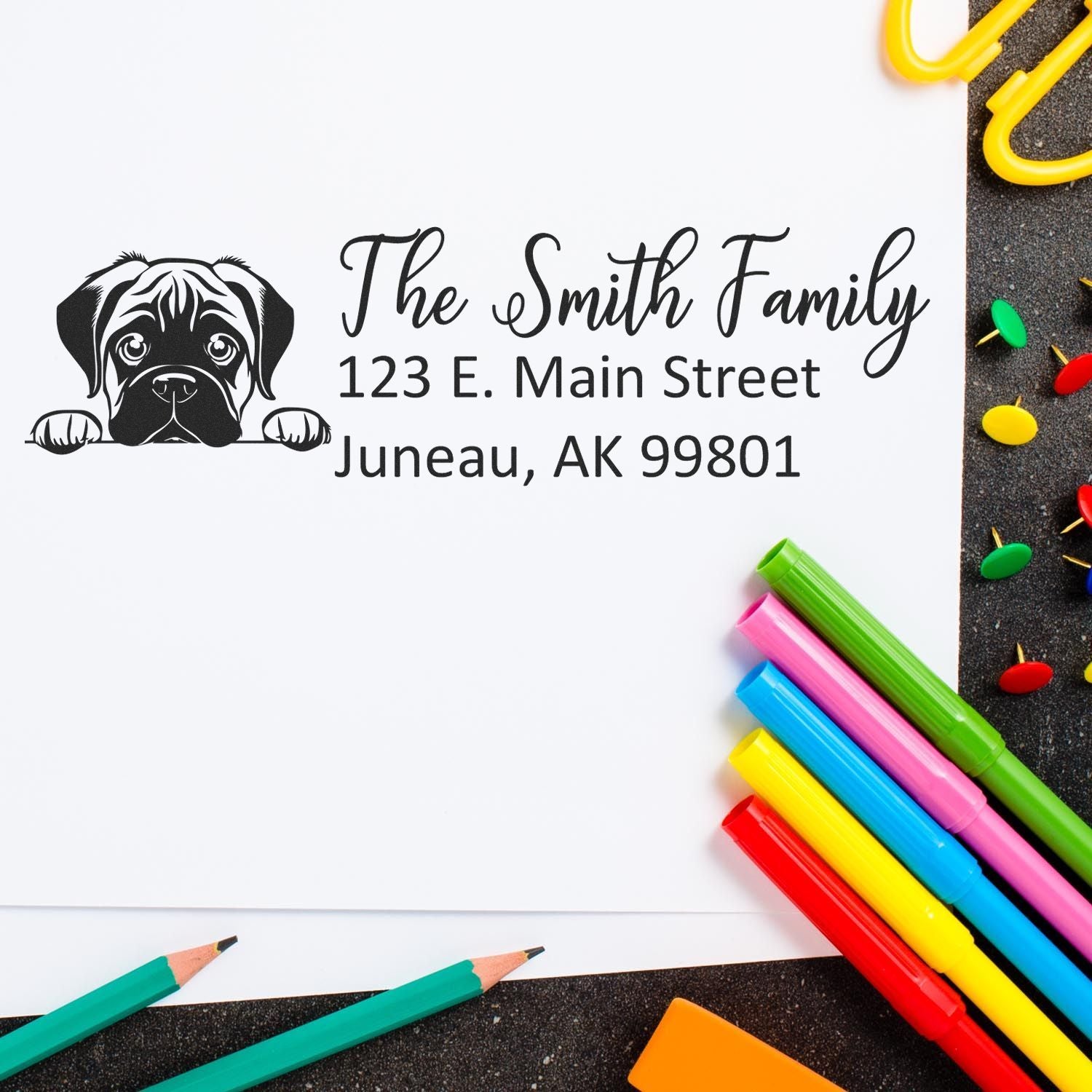 Personalized custom address rubber stamp with dog graphic, Smith Family return address, Juneau AK mailing stamp.