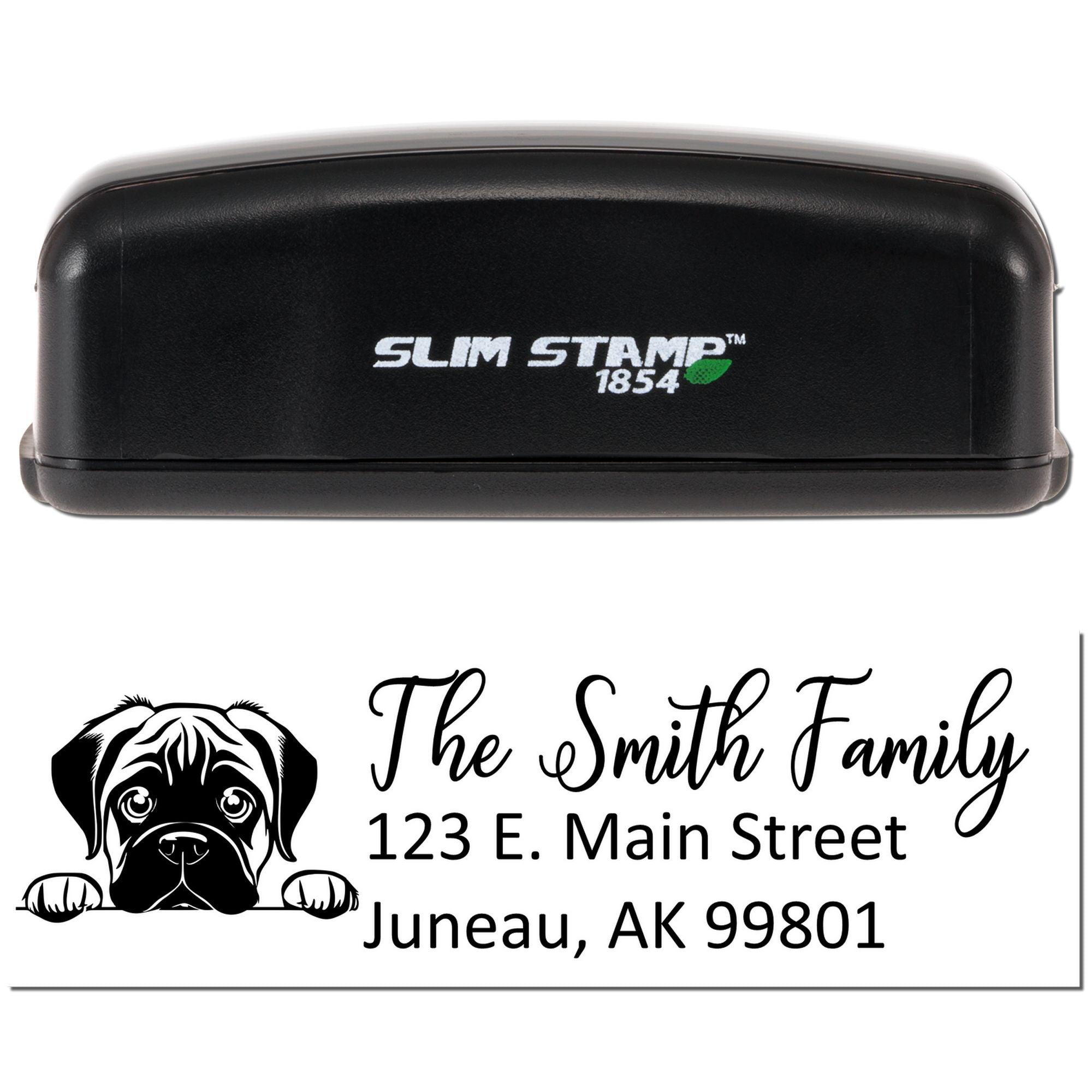 Custom self-inking rubber stamp with dog logo and personalized address for The Smith Family, Juneau, AK.