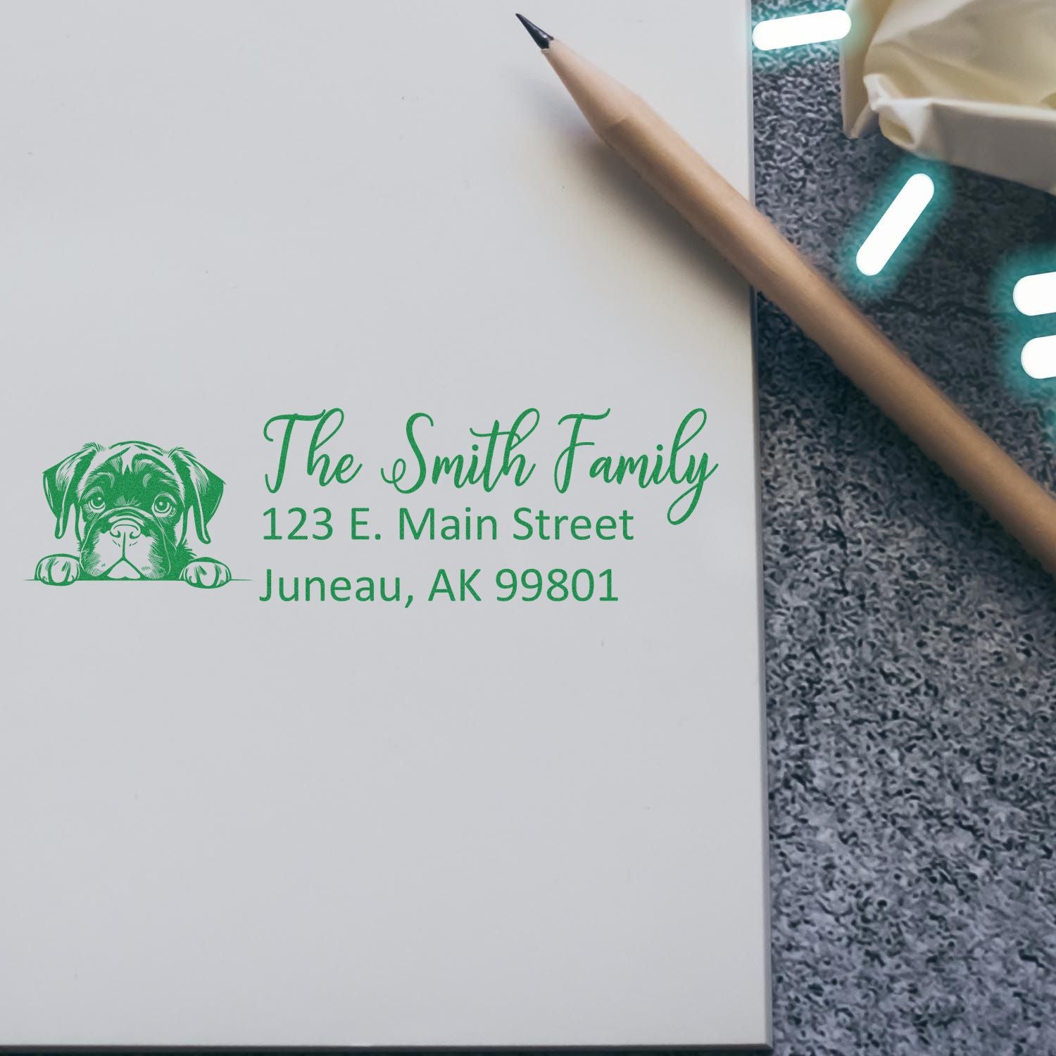 Personalized dog-themed rubber address stamp for The Smith Family, Juneau, AK return address.