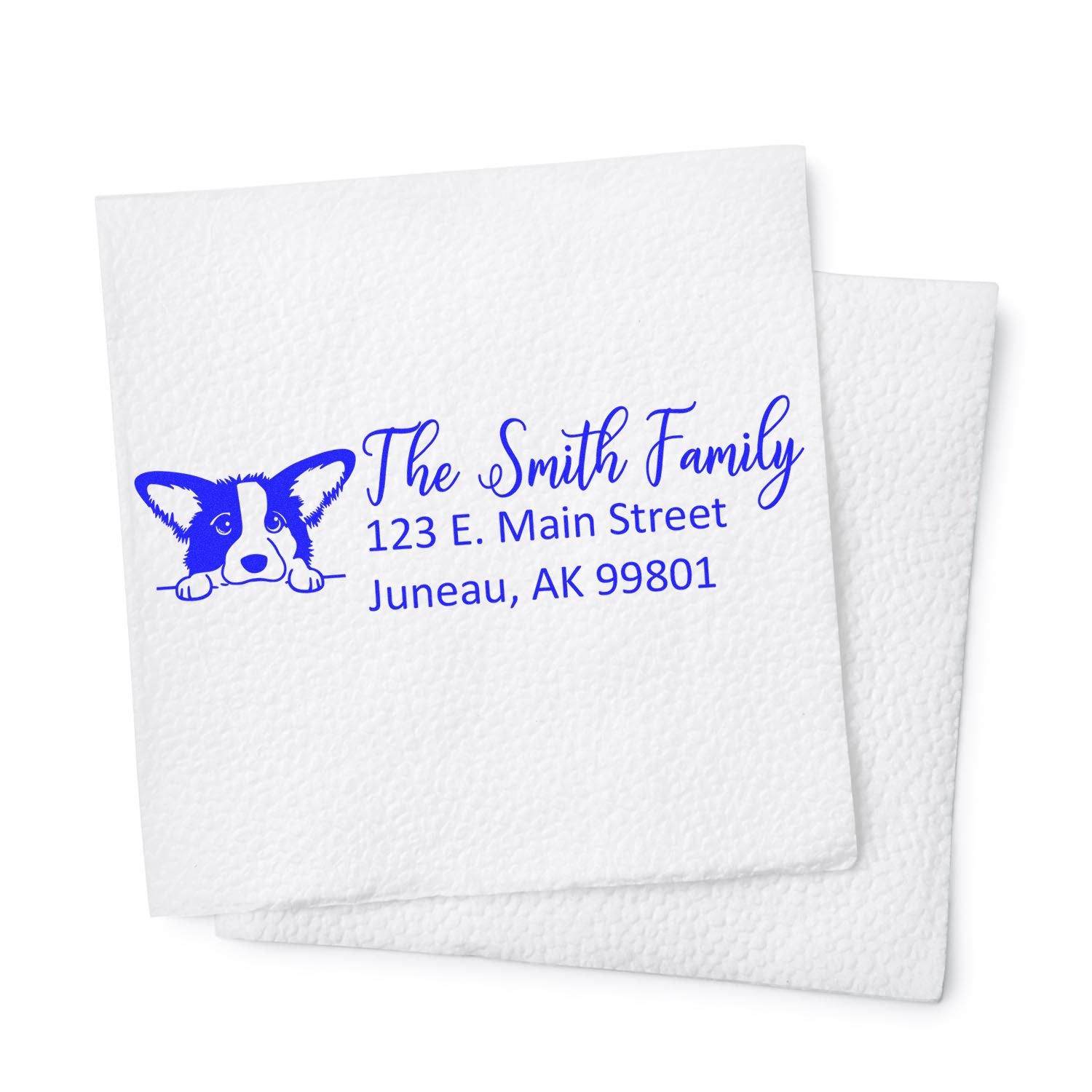 Personalized corgi return address rubber stamp for The Smith Family, Juneau, AK 99801