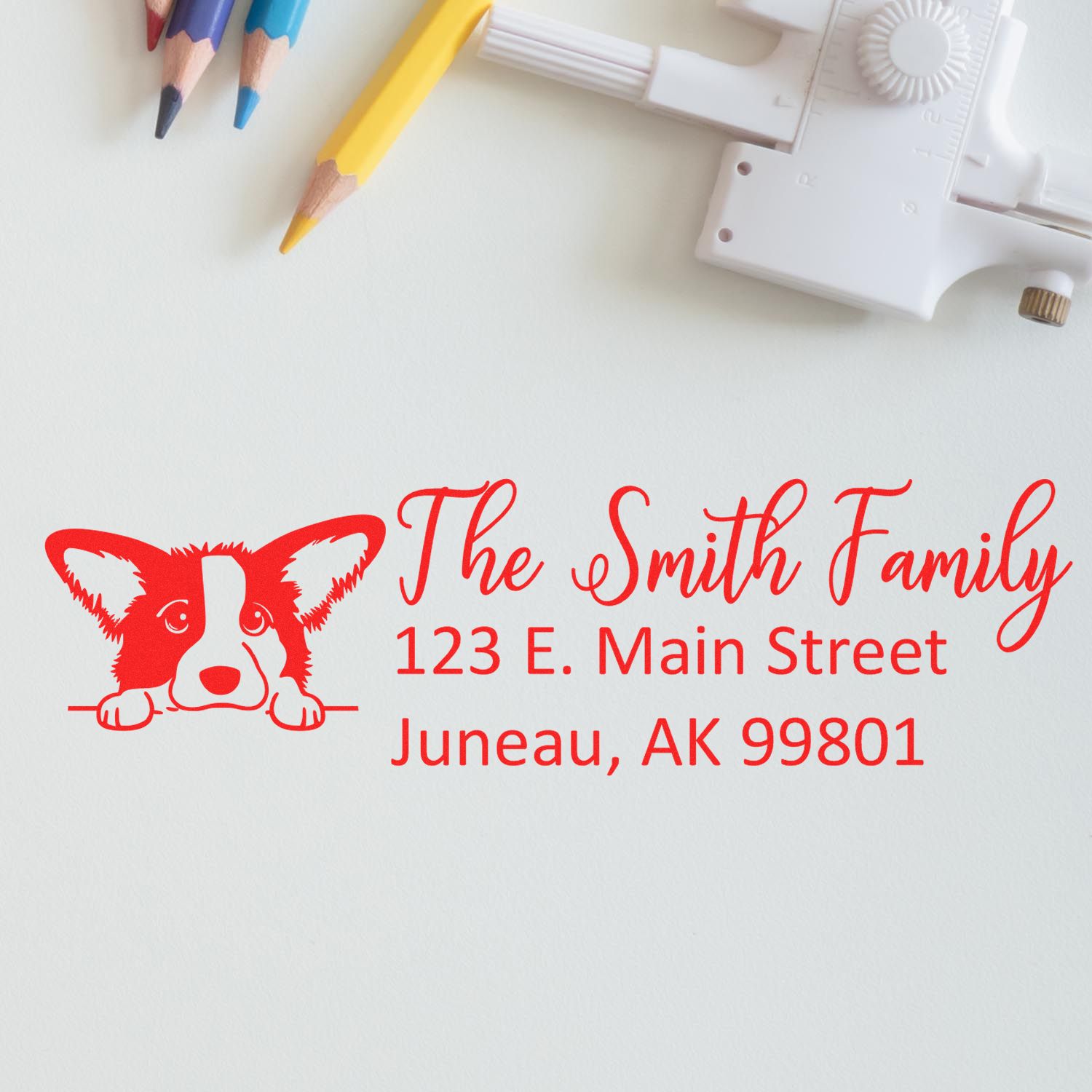 Custom corgi family address rubber stamp with The Smith Family, Juneau AK return address for mail and packaging.