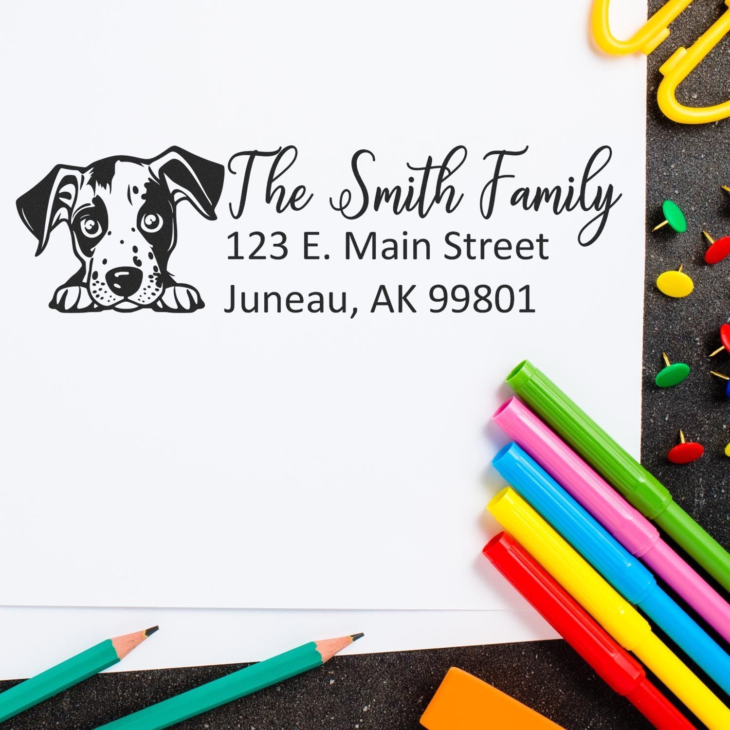 Personalized dog return address rubber stamp for The Smith Family, 123 E. Main Street, Juneau, AK 99801