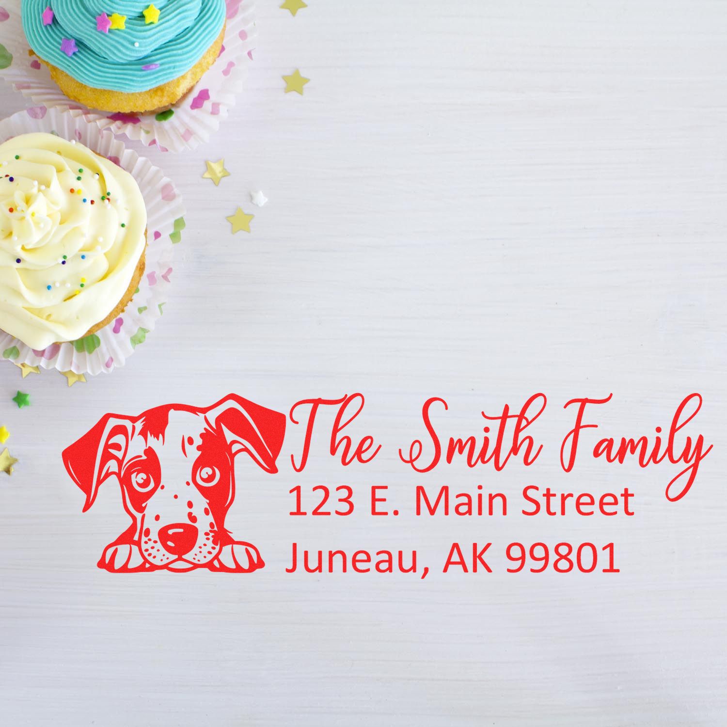 Personalized dog address rubber stamp for The Smith Family, featuring name and address on a decorative mockup.