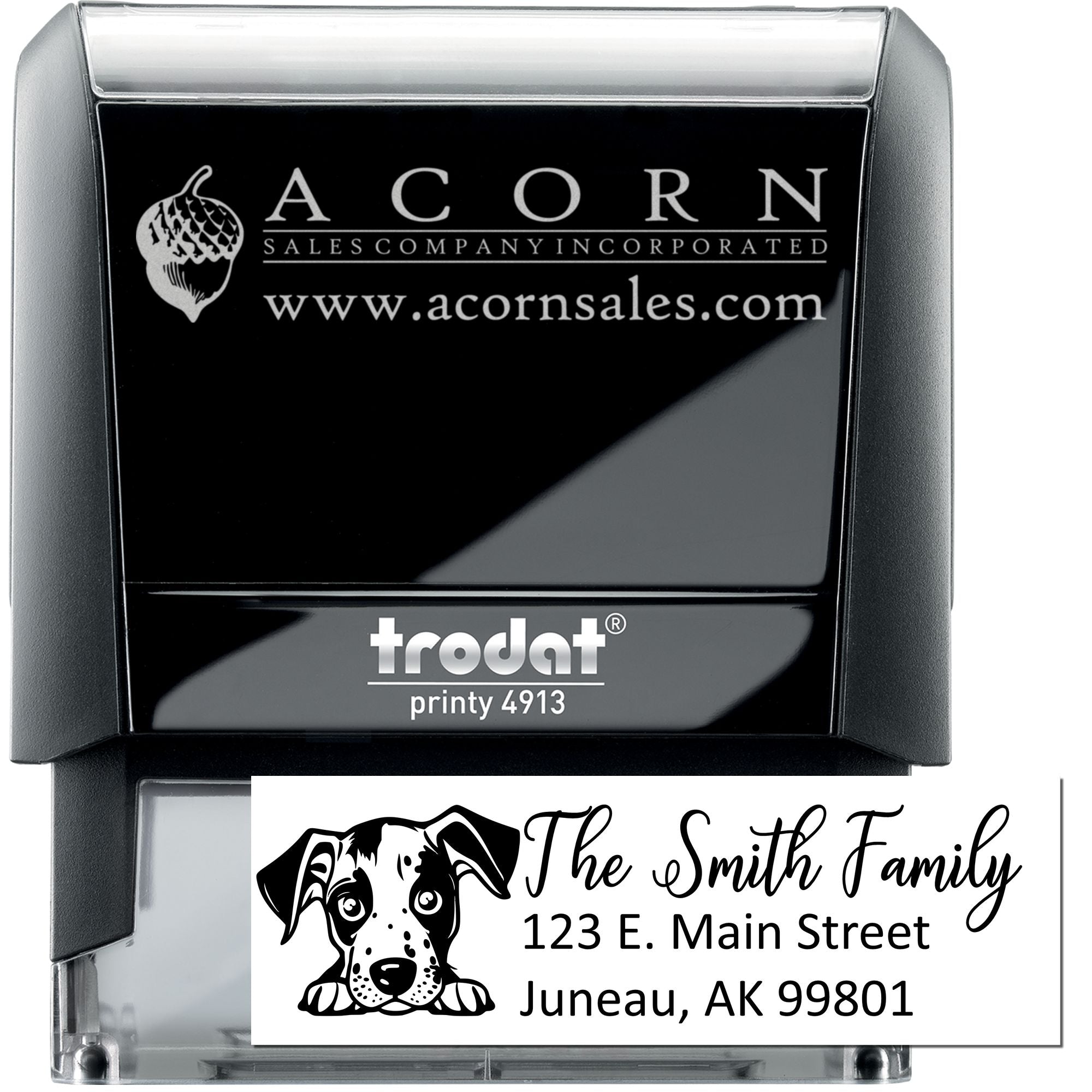 Custom self-inking rubber address stamp with business logo, personalized return address imprint, Trodat Printy 4913.