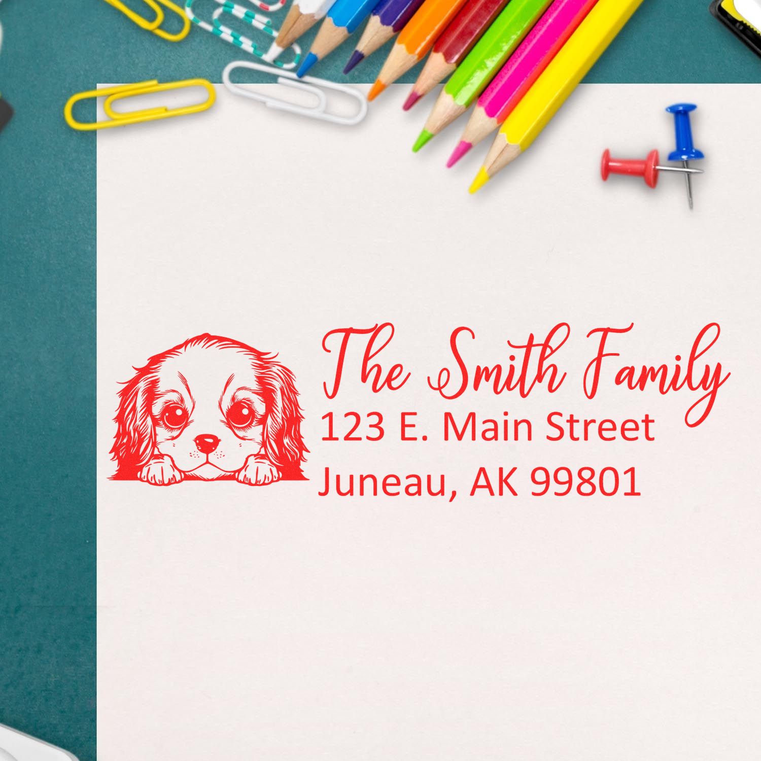 Custom rubber stamp with dog illustration and The Smith Family return address for personalized mailing