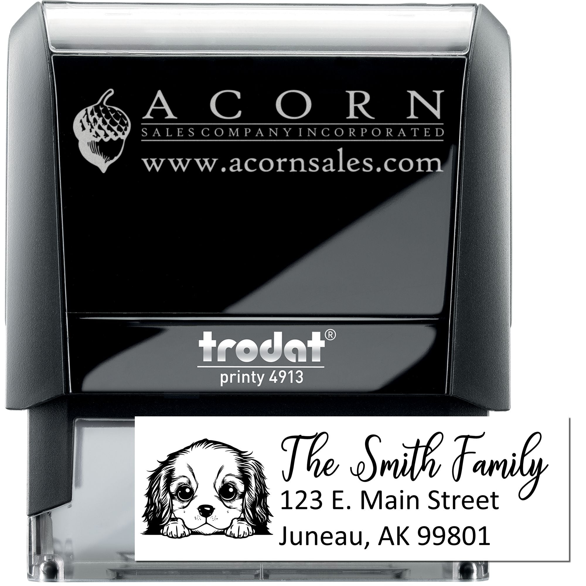 Custom self-inking address rubber stamp with logo and Trodat Printy 4913 for business mailing and home use.