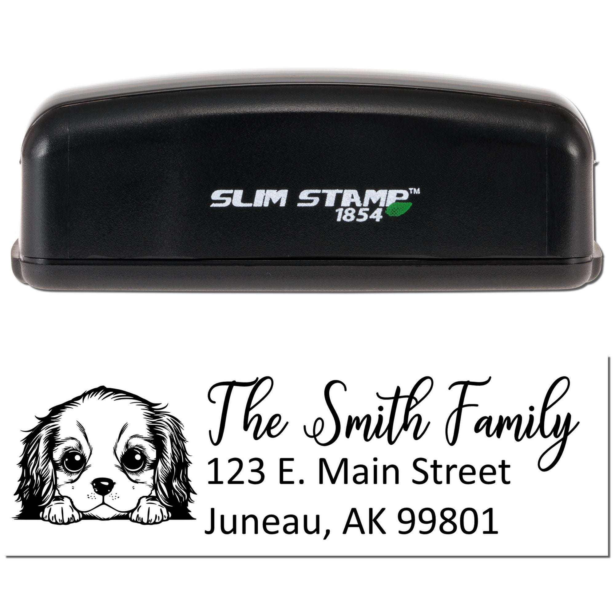 Custom rubber address stamp with dog illustration, family name, street address and city for personalized mailings.