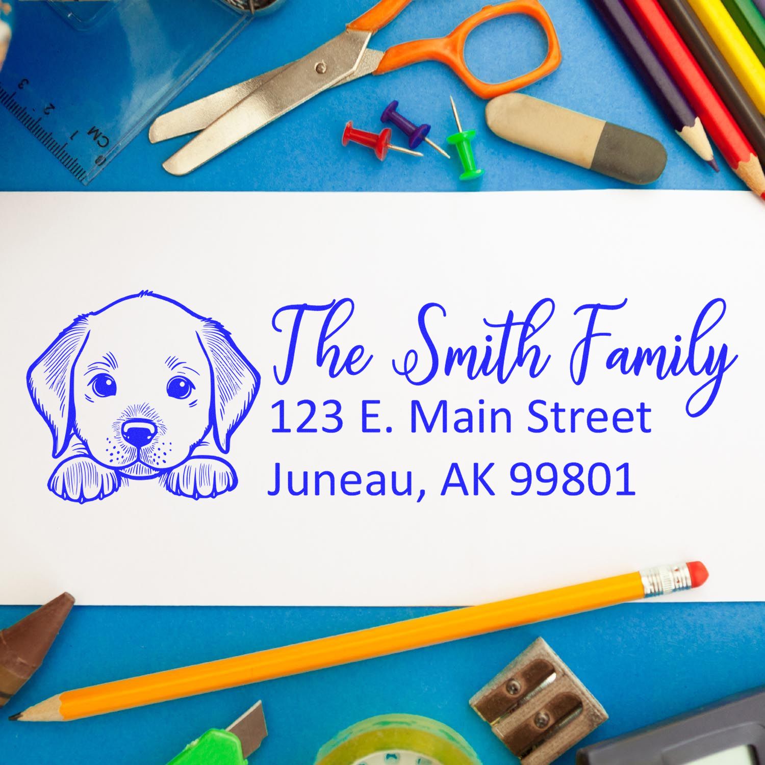 Personalized dog address rubber stamp for The Smith Family, with custom return address and cute puppy design.