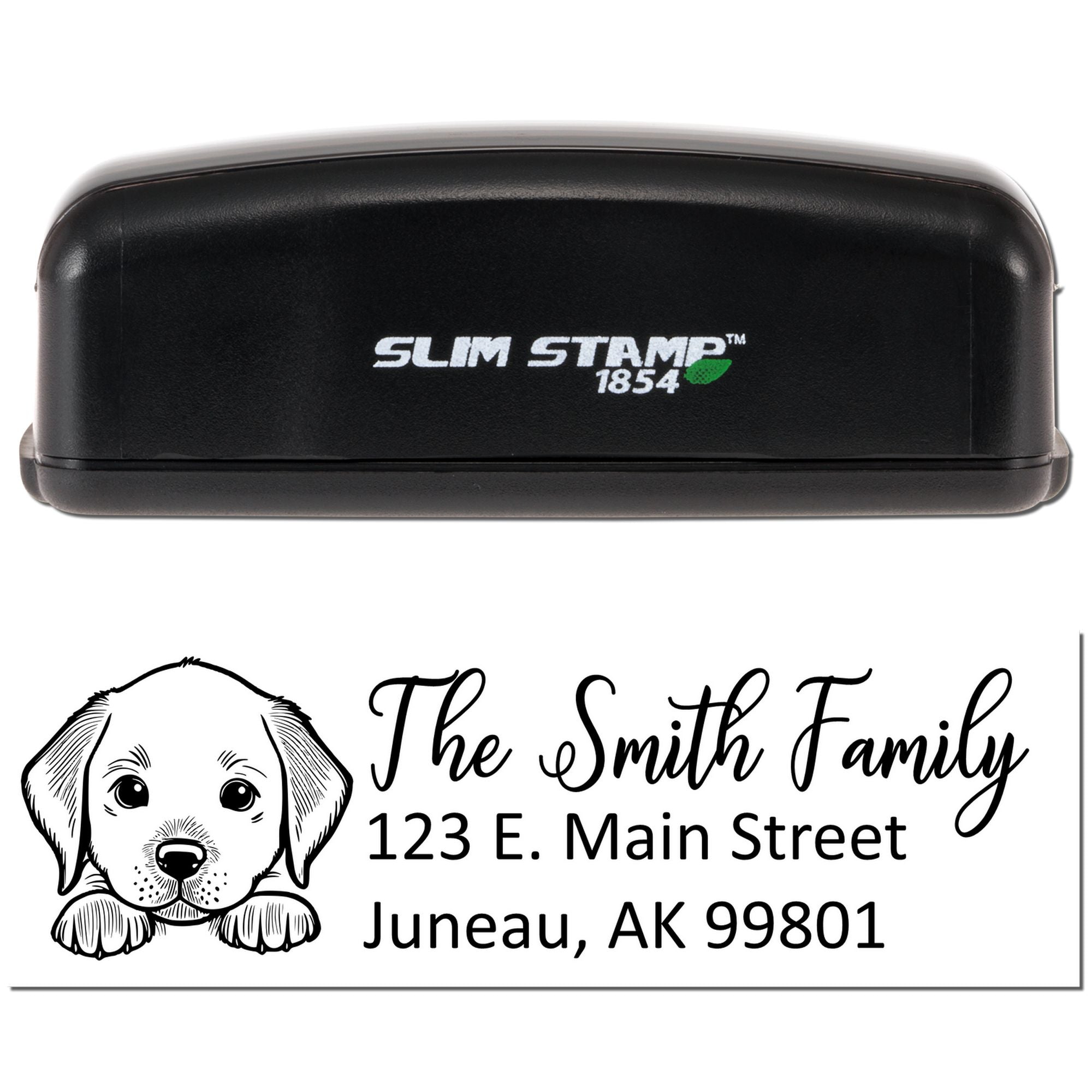 Slim Stamp 1854 custom self-inking rubber address stamp with dog illustration for The Smith Family.