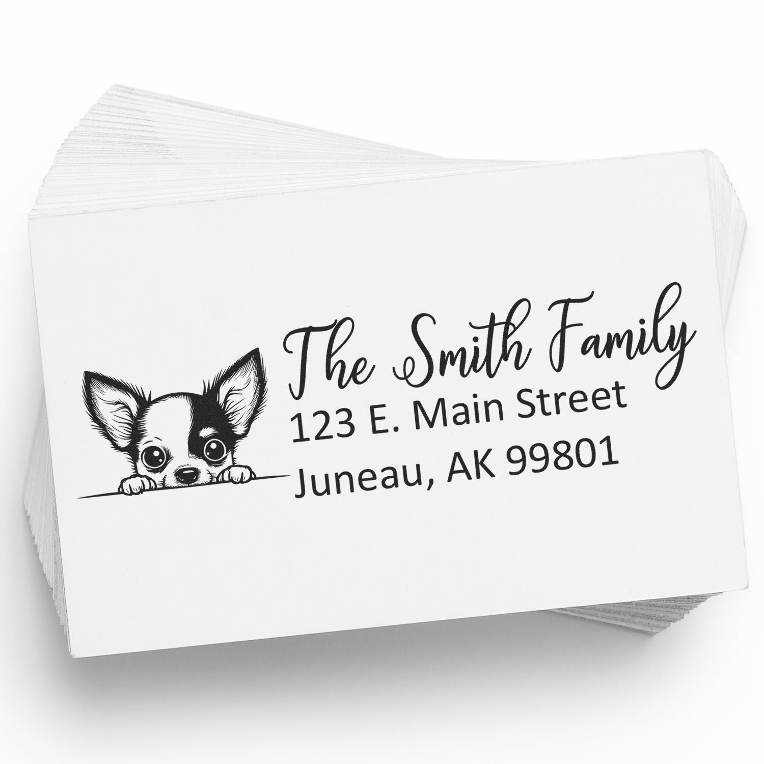 Custom return address rubber stamp with chihuahua graphic for The Smith Family, 123 E. Main Street, Juneau, AK 99801
