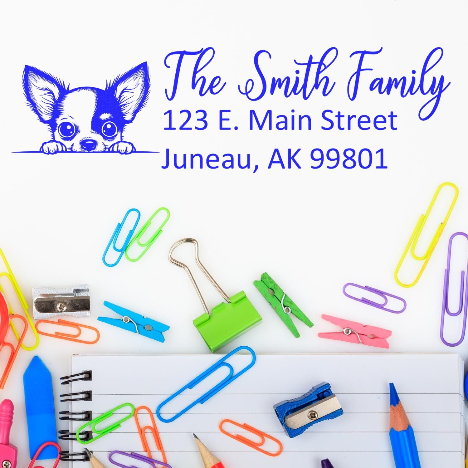 Custom dog address rubber stamp for The Smith Family, 123 E. Main Street, Juneau, AK 99801.