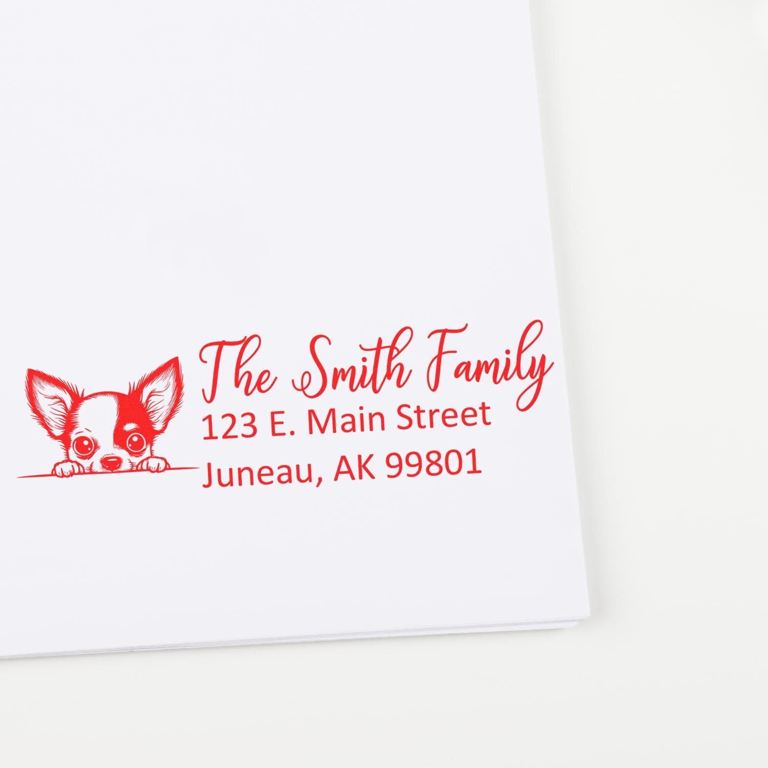 Custom return address rubber stamp with dog design for The Smith Family, Juneau, AK 99801.