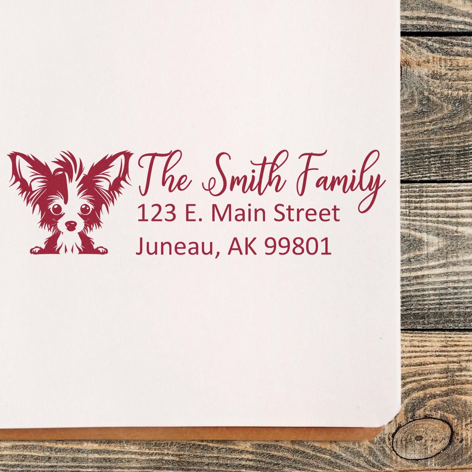 Personalized return address rubber stamp with dog design for The Smith Family, 123 E. Main Street, Juneau, AK 99801