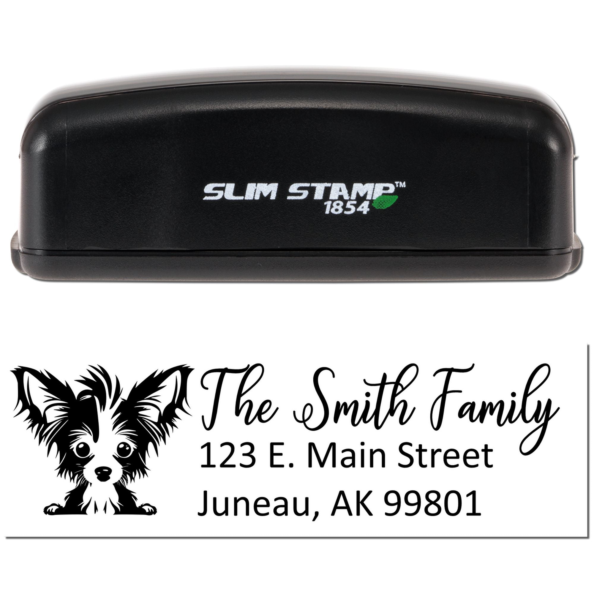 Slim Stamp 1854 custom rubber stamp with dog logo, family name, and return address for personalized mailing labels.