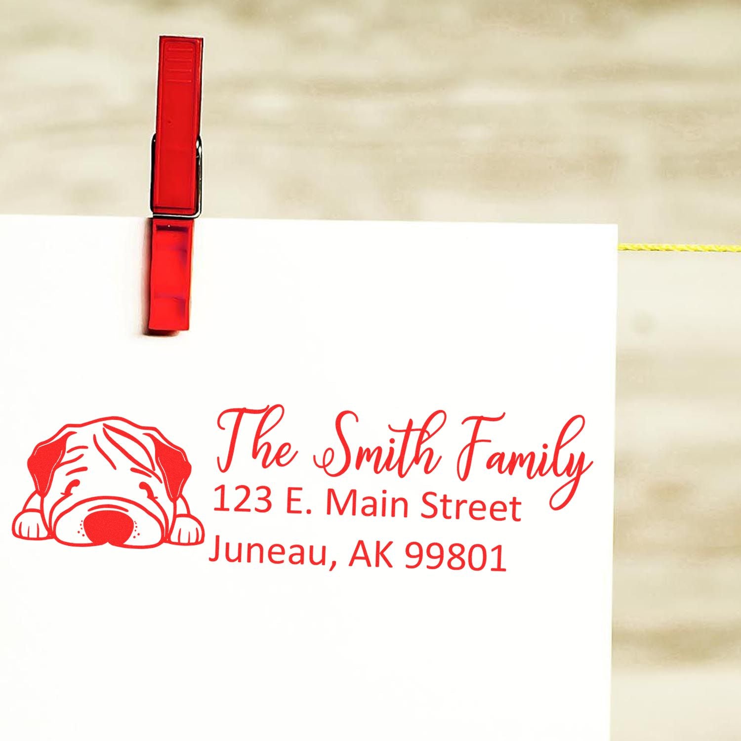 Custom bulldog return address rubber stamp for The Smith Family, 123 E. Main Street, Juneau, AK 99801