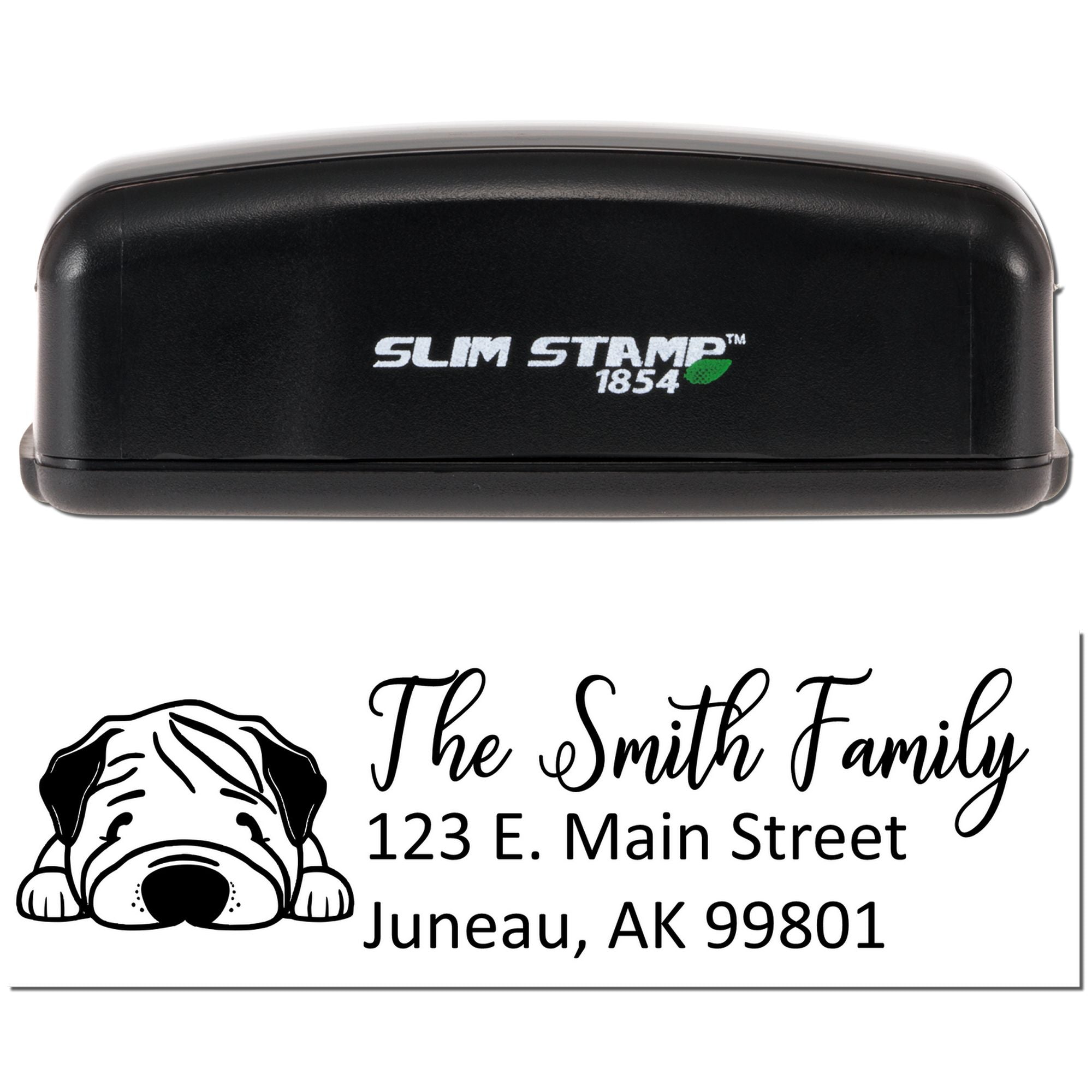 Custom self-inking rubber address stamp with bulldog design, The Smith Family name, and Juneau, AK return address.