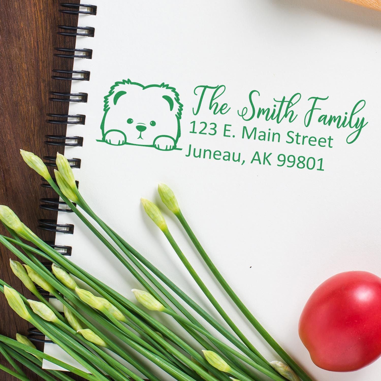 Personalized return address rubber stamp with bear logo for envelopes, mailing, and small business packaging.